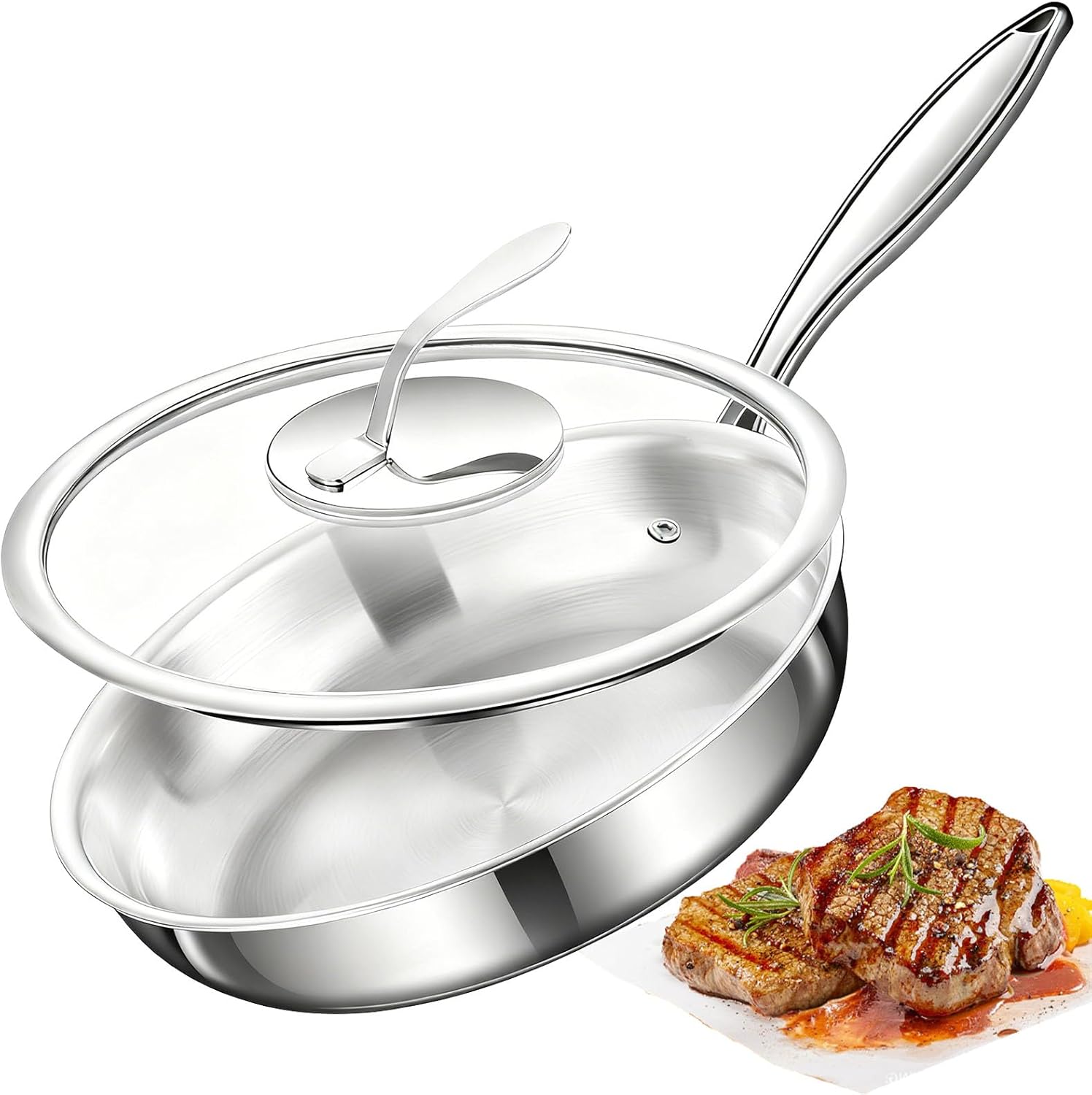 12 inch Seven-layer Stainless Steel Frying Pan with LID,Food grade steel pan,Egg Pan Omelet Pan,Stainless Steel Frying Pan set,Dishwasher and Oven Safe, Induction,for Ceramic and Gas Cooktops