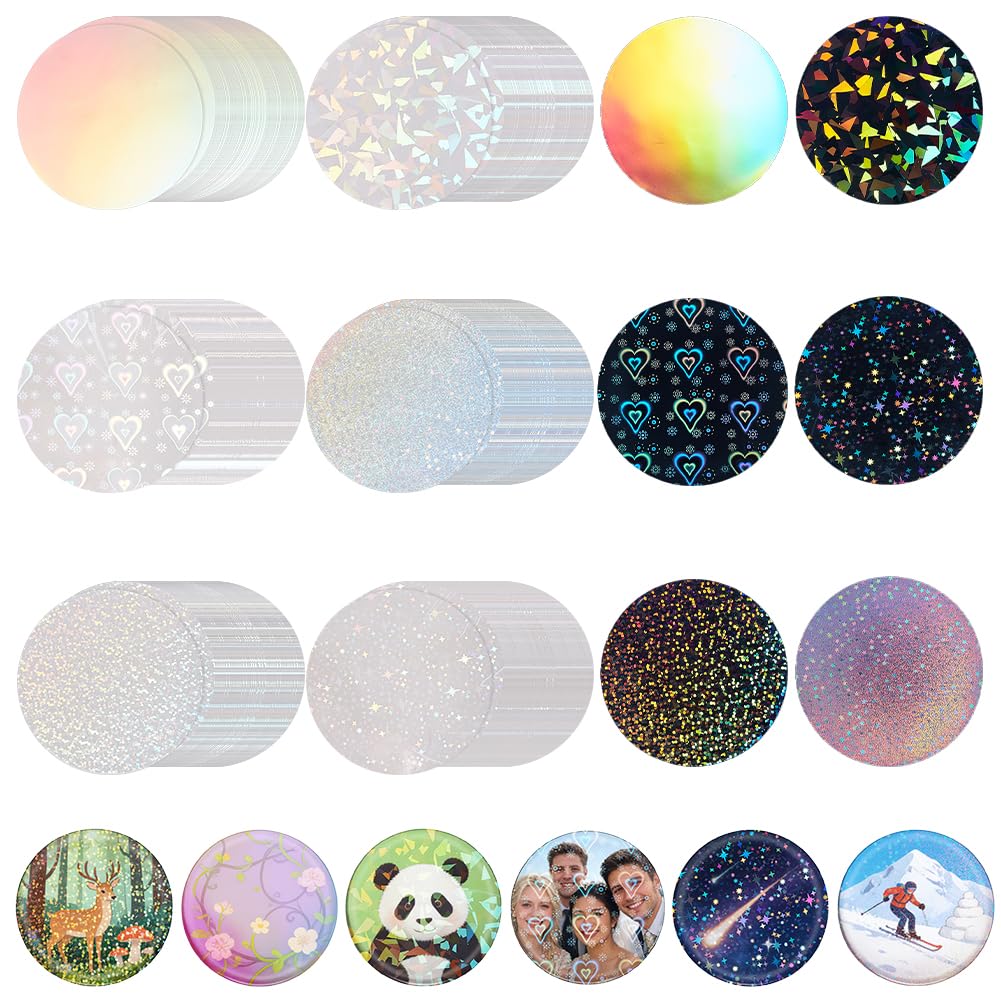 UNICRAFTALE 300 Pezzi 6 Stili Pellicola Protettiva Per Distintivo 70mm Fornitura Per Produttore Di Pulsanti Pellicola Glitter Olografica Per Produttore Di Pulsanti Rotondi 58mm Pezzi Per Fabbricazione