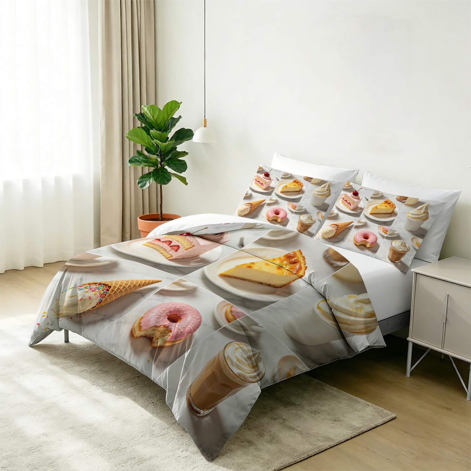 Set Copripiumino Matrimoniale 260x240 Torte e Bevande Stampa 3D Copri Piumino Cibo Delizioso Piumino in Morbido Microfibra Copripiumini con Chiusura Lampo e 2 Federa 50x80 2062-M