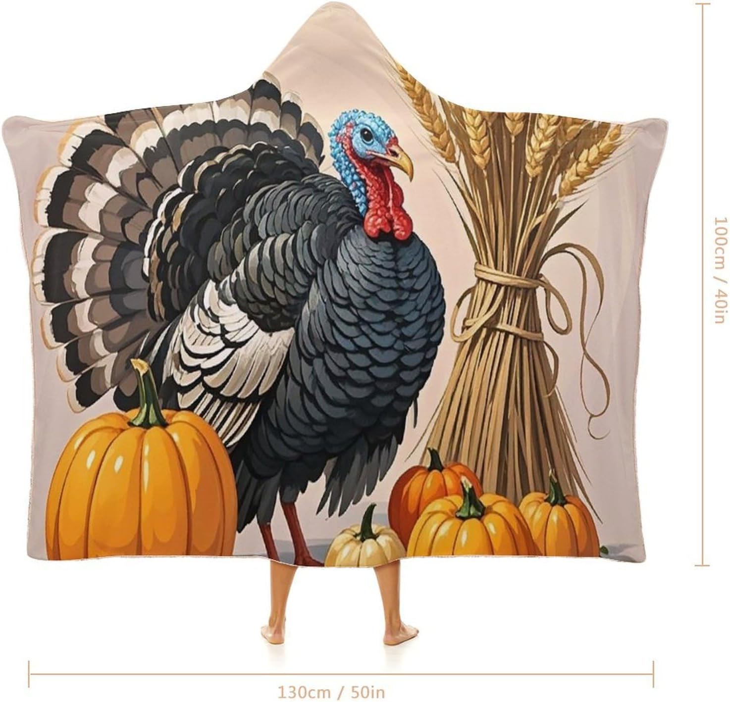 Wheat Turkey Wearable Hooded Blanket, Ultra Soft Arctic Velvet Cape Cloak Unisex - Cozy Wearable Blanket