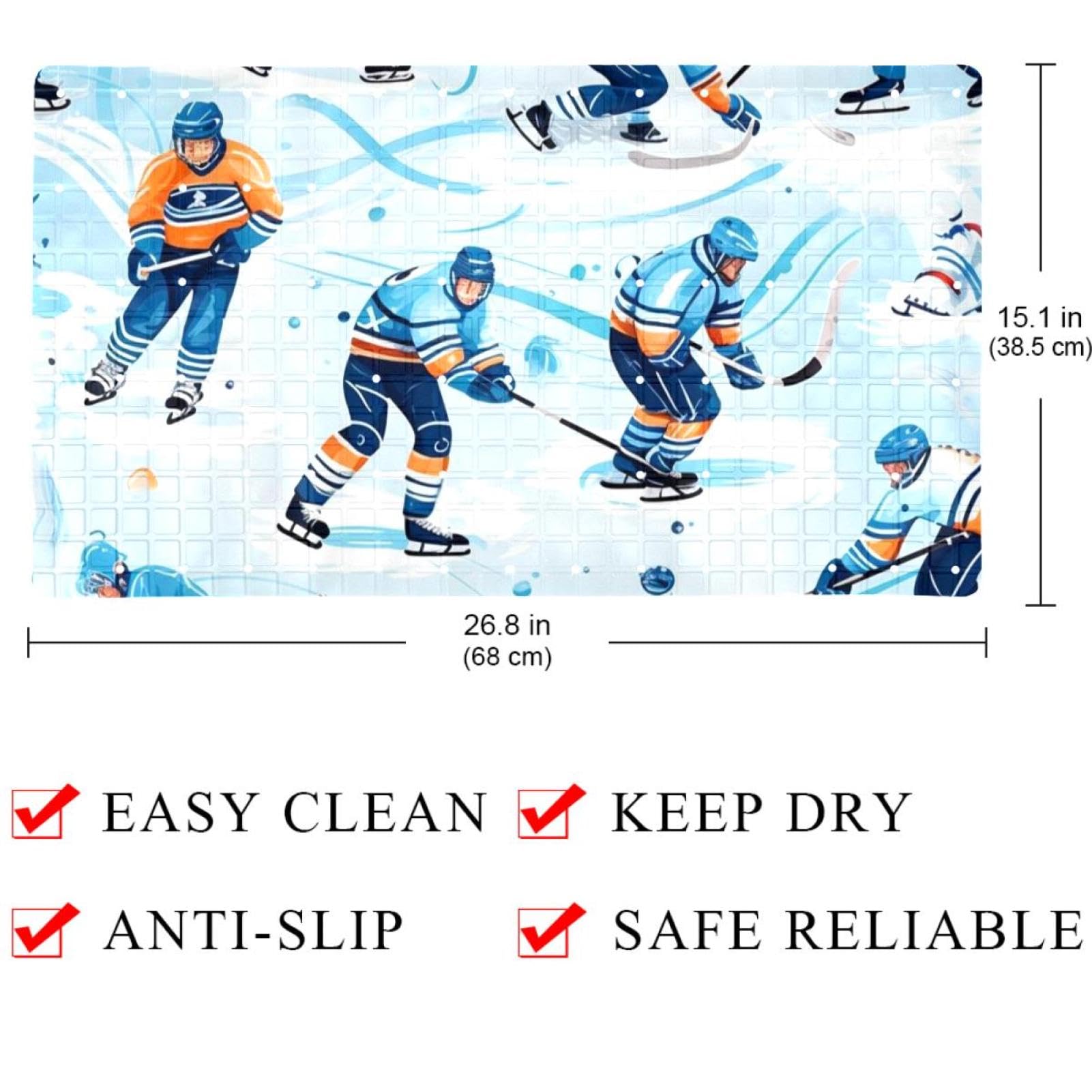 Tapis de douche antidérapant avec motif hockey sur glace comics - 38,5 x 68 cm - Tapis de douche en caoutchouc antidérapant avec trous de drainage et ventouses - Lavable en machine