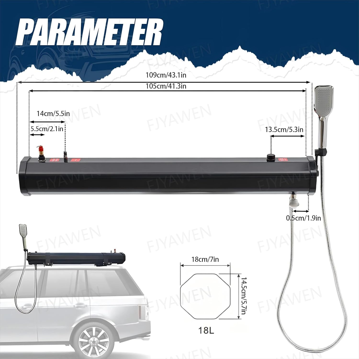 Portable 4.76/5.28/7.93gal Pressurized Water Tank, High Pressure Road Shower Tank, Roof Mounted Camping Truck Shower with Shower Head for SUV Rv Off-Road Vehicle,4.76gal/18L