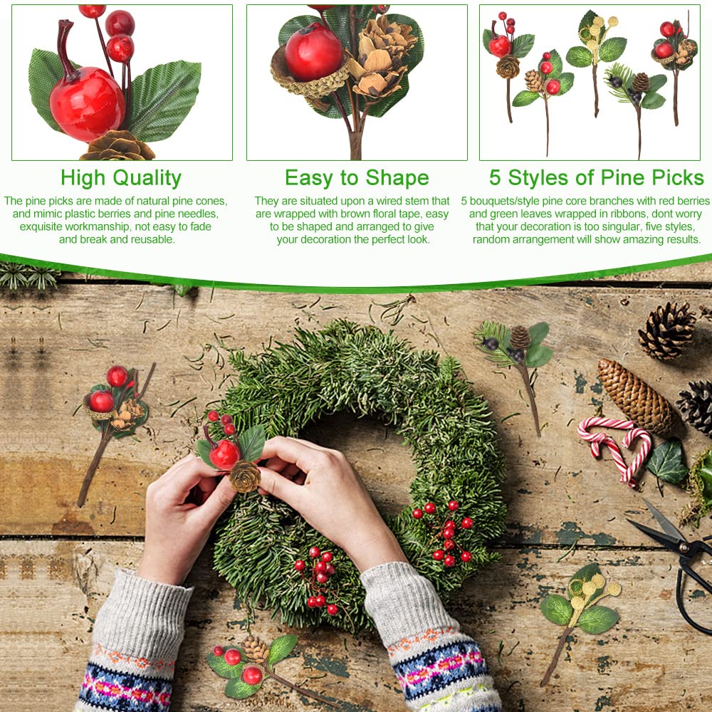 20 Pezzi Decorazioni Natalizie – Rami Di Pino Artificiali Con Bacche Rosse, Pigne E Aghi In PVC – Per Albero E Ghirlande