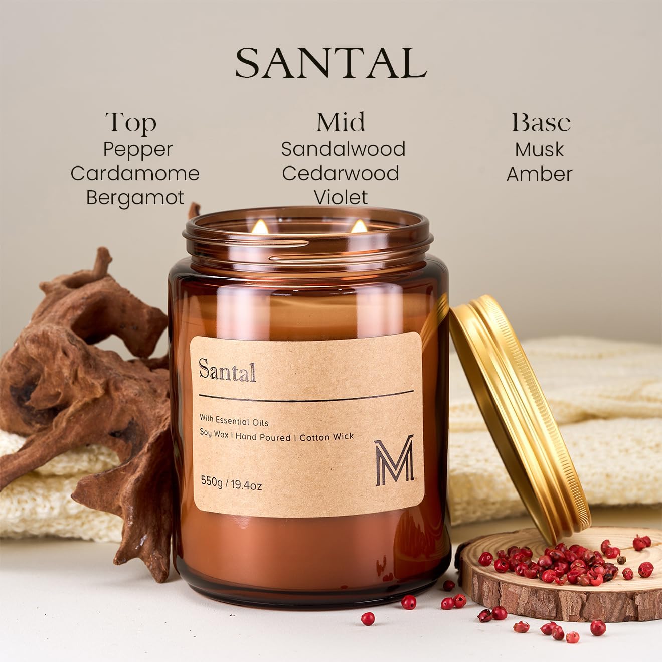 M&SENSE Santal Scented Christmas Candle Gift | 19.4oz, 115-Hour Burn | Natural Organic Soy Wax | Long-Lasting for Stress Relief and Gifting | for Christmas, Thanksgiving, Holiday - Image 2