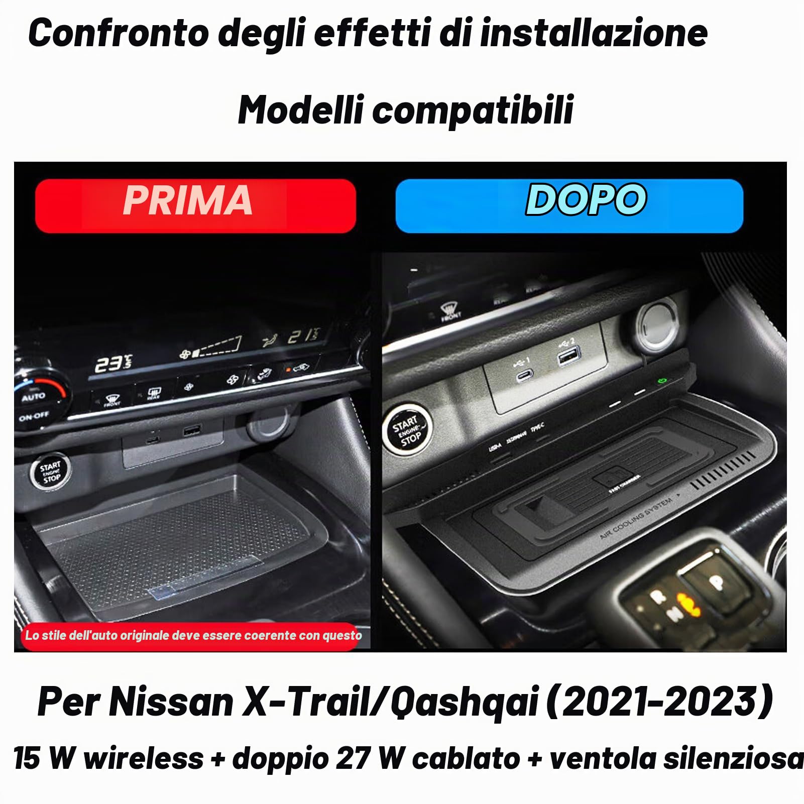 Caricabatterie Wireless Per Auto per Nissan X-Trail/Qashqai (2021-2022), Tappetino Di Ricarica Rapida Per Telefono Da 15W per Qualsiasi Telefono Cellulare Abilitato Qi