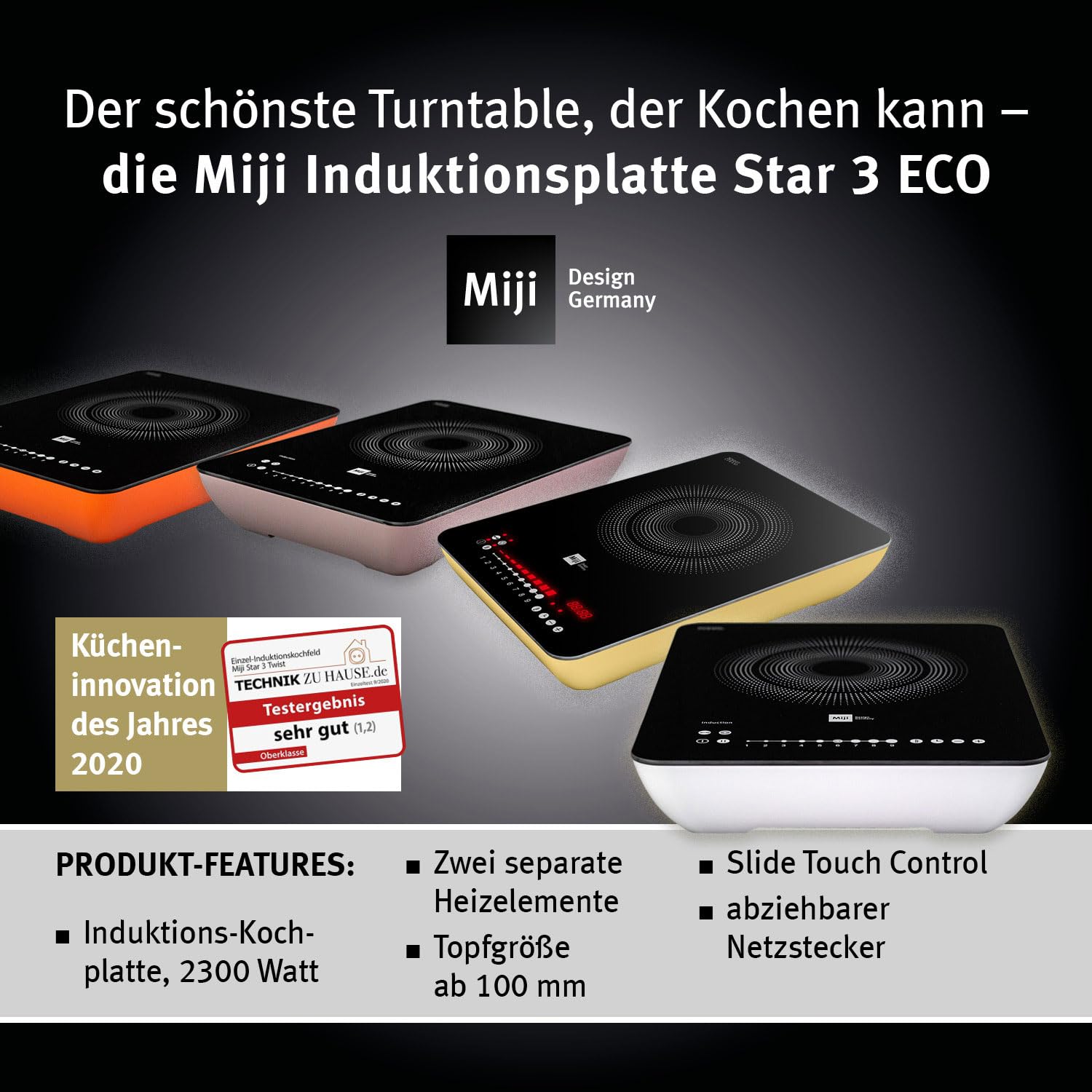 Miji - Star 3 ECO Trend, mobiles Induktionskochfeld, Induktionsplatte mit 1 Kochfeld, Induktionskochplatte mit Ceranfeld autark, 9 Stufen, 2300 Watt, kompakte Größe für Camping oder zu Haus