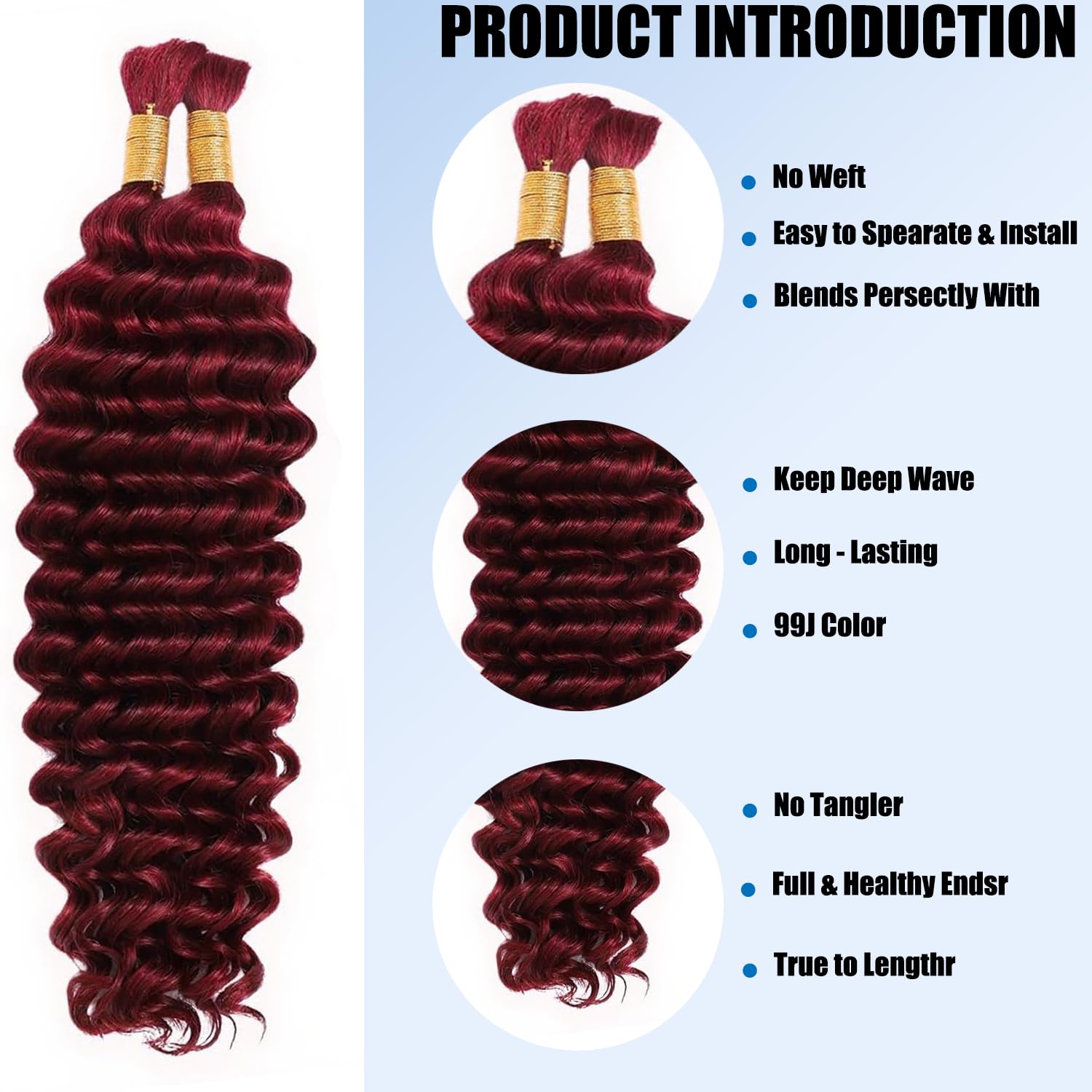 Human Braiding Hair 20 Inch 100g 2 Bundles/Pack Bulk Deep Wave No Weft Human Hair 99J Burgundy for Boho Box Braids Extensions