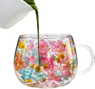 Dubbelväggiga Kaffemuggar i Glas 250 Milliliter Färgglada Kronblads | med Handtag och Isolerad Torkade Blommor i Koppen För och kalla drycker vatten te whiskey öl kontor bar och