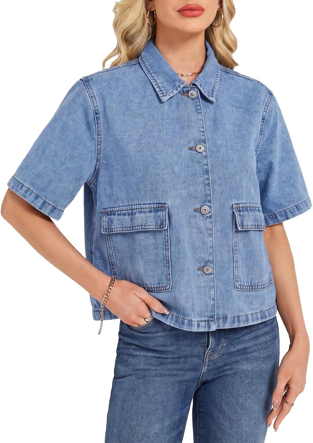 Womens Crop Denim Jacket Summer Short Sleeve Boxy Fit Collared Jean Top with Pockets