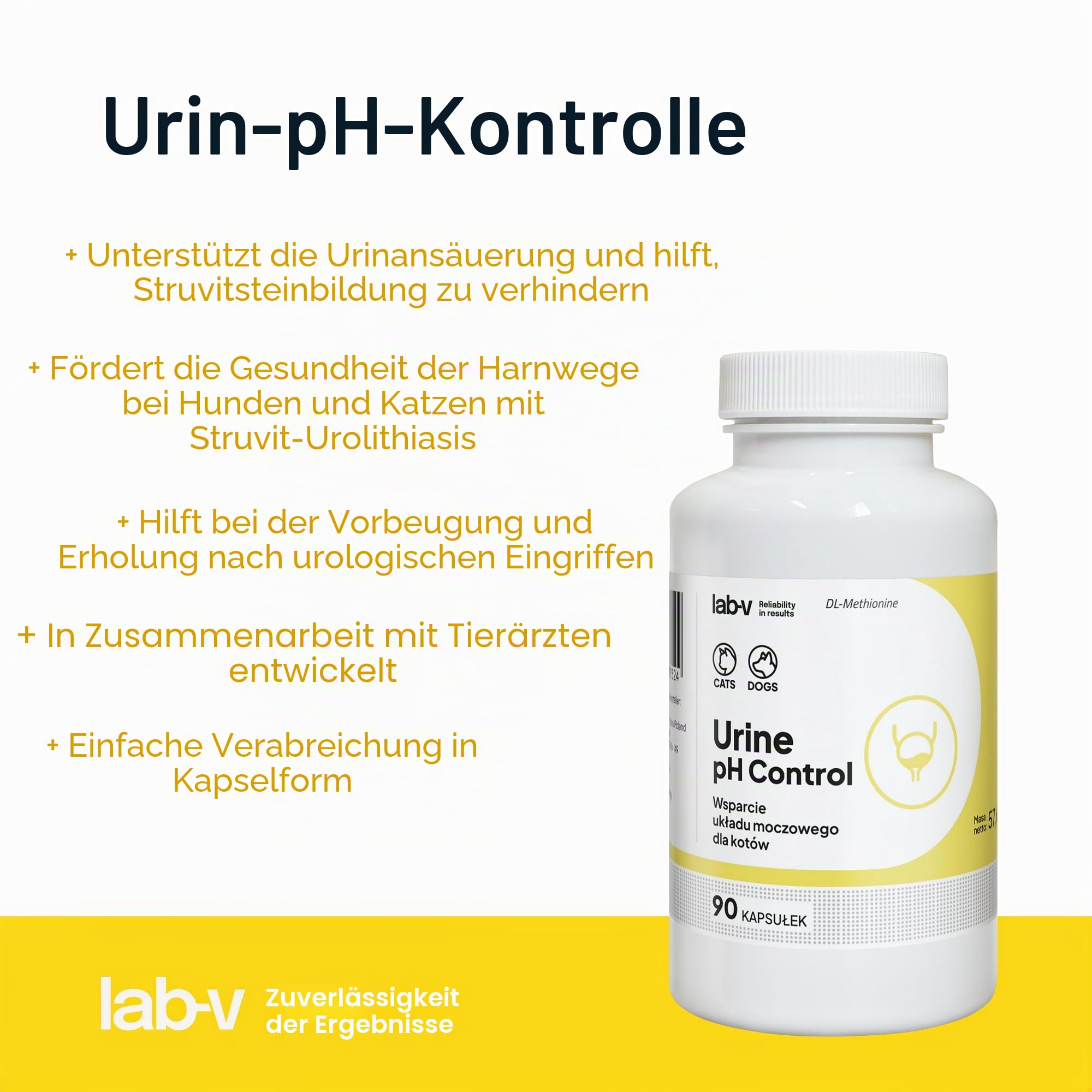 Lab-V Urine pH Control für Hunde und Katzen – Ergänzungsfuttermittel bei Struvitsteinen – 90 Kapseln – unterstützt die Harnwegsgesundheit – ohne künstliche Zusatzstoffe