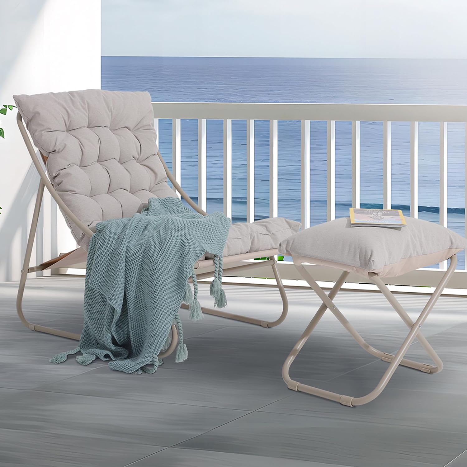 Patio Lounge Chair with Ottoman, Indoor Outdoor Comfy Sling Recliner Chair with Cushion, Modern Oversized Padded Lounge Chair Set with Footstool for Balcony Porch Garden, Champagne