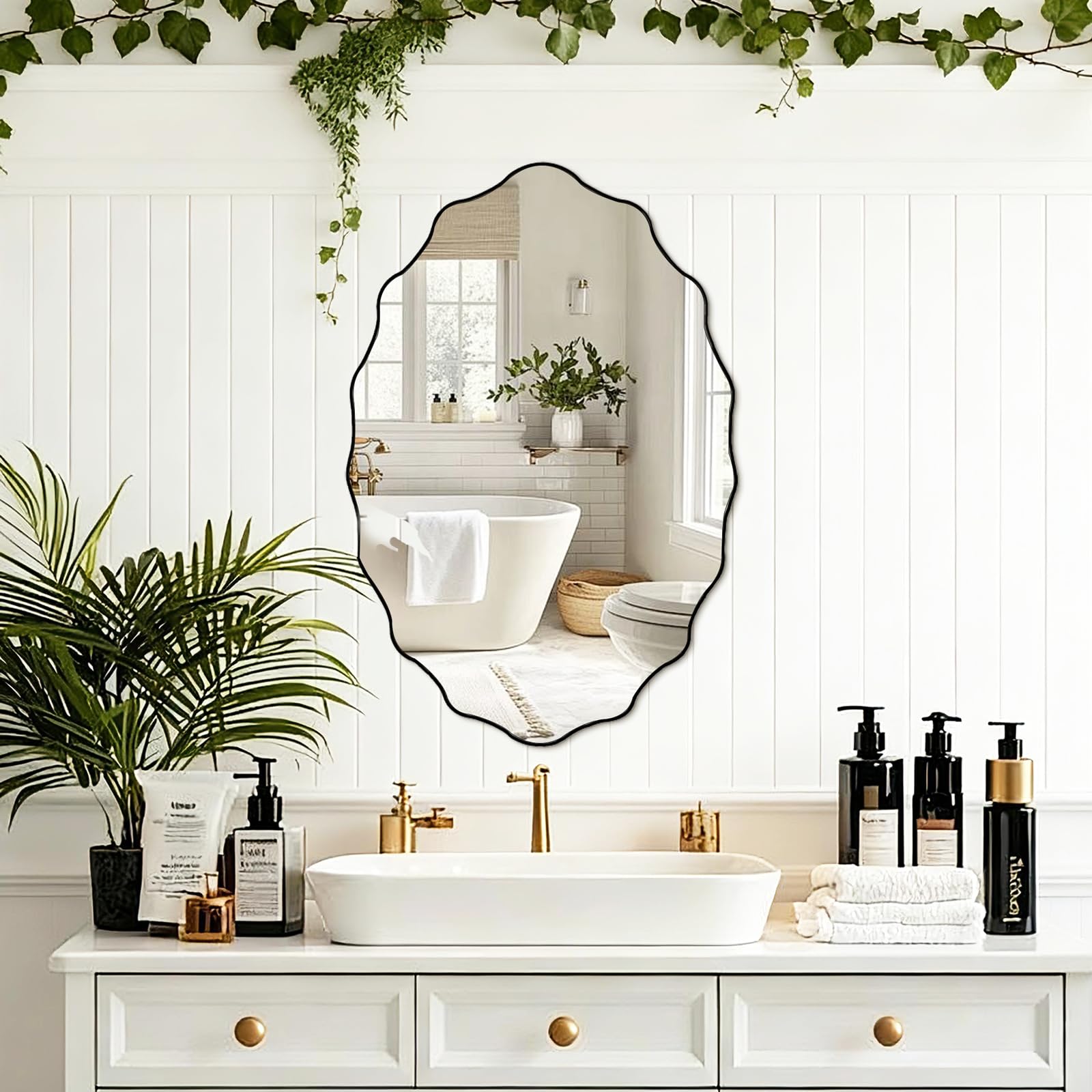 36x24Inch Frameless Asymmetrical Bathroom Mirror Irregular Wall Mirror Wavy Vanity Mirror for Modern Bathroom Bedroom Entryway and Living