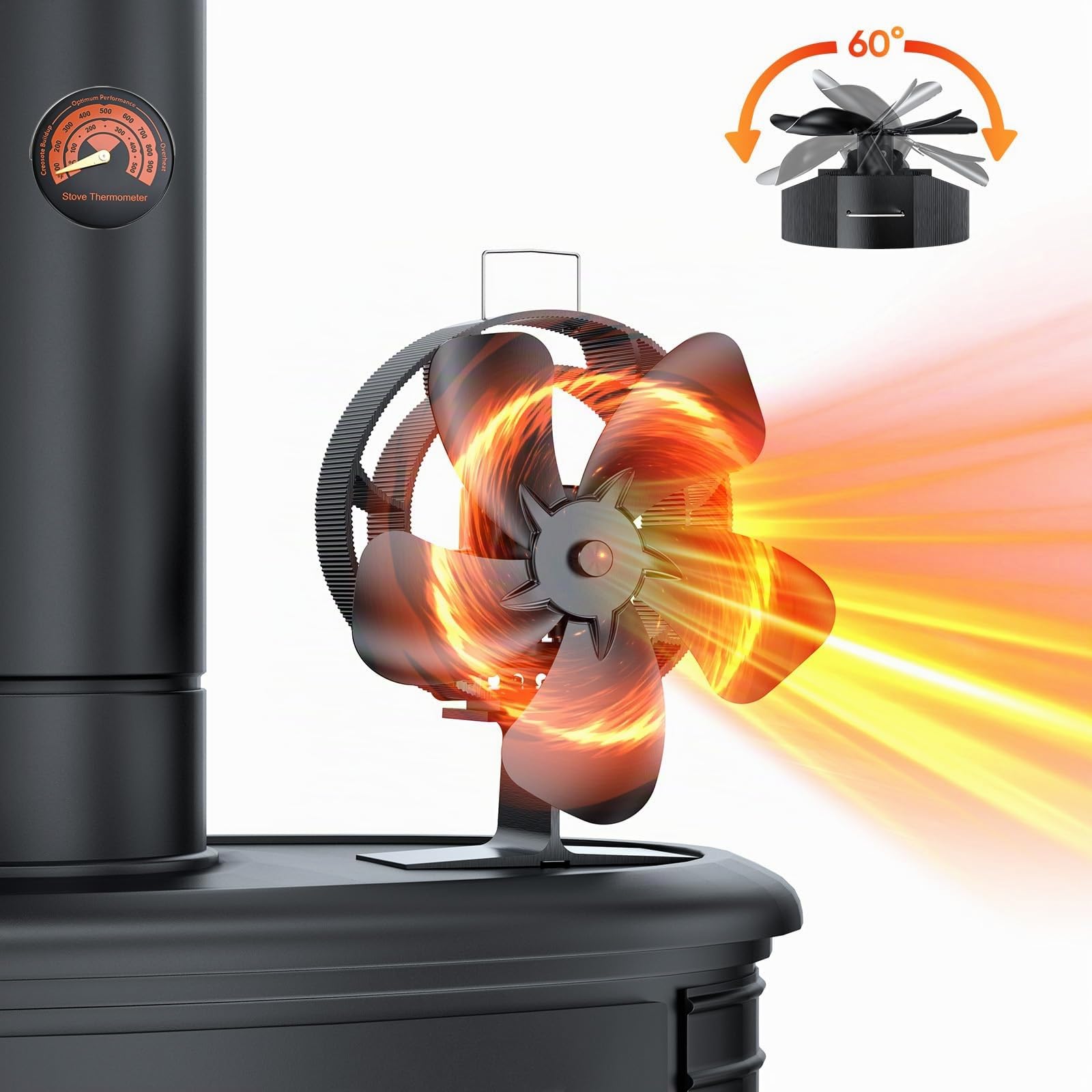 Ventilateur Poele à Bois avec thermomètre, ventilateur oscillant à 60° avec 5 pales de 210 mm, fonctionnement thermique et silencieux (sans électricité) pour poêles à bois/Cheminée/Gaz