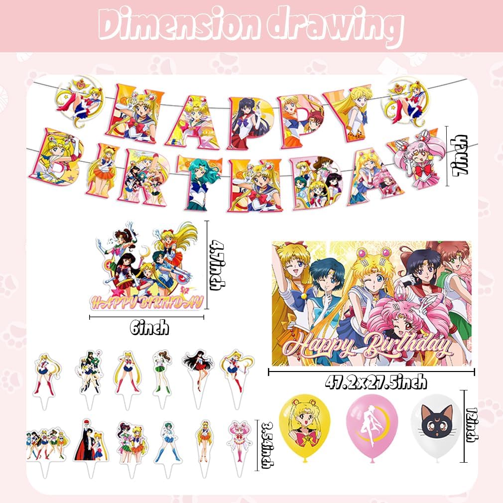 42Pcs Sailor Party Supplies Pack Includes，Banner，Cake Topper,Blackdrop, Balloons for Moon party Decoration