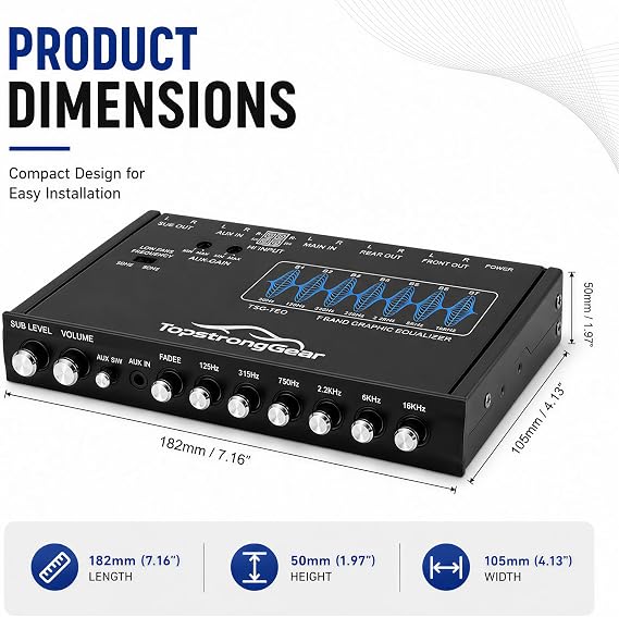 TOPSTRONGGEAR TSG7EQ 7-Band Car Audio Graphic Equalizer with Front 3.5mm Aux Input, High Voltage RCA Outputs and High Level Speaker Inputs