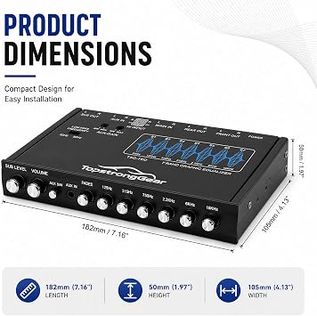 TOPSTRONGGEAR TSG7EQ 7-Band Car Audio Graphic Equalizer with Front 3.5mm Aux Input, High Voltage RCA Outputs and High Level Speaker Inputs