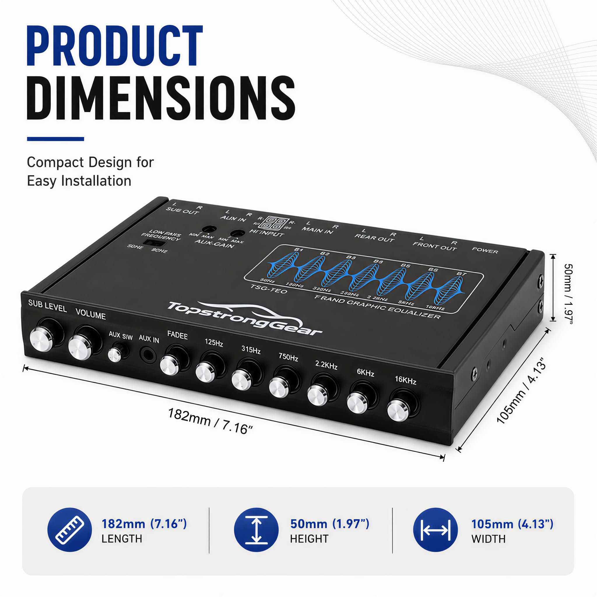 TOPSTRONGGEAR TSG7EQ - Ecualizador gráfico de audio para automóvil de 7 bandas con entrada auxiliar frontal de 3.5 mm, salidas RCA de alto voltaje y entradas de altavoz de alto nivel