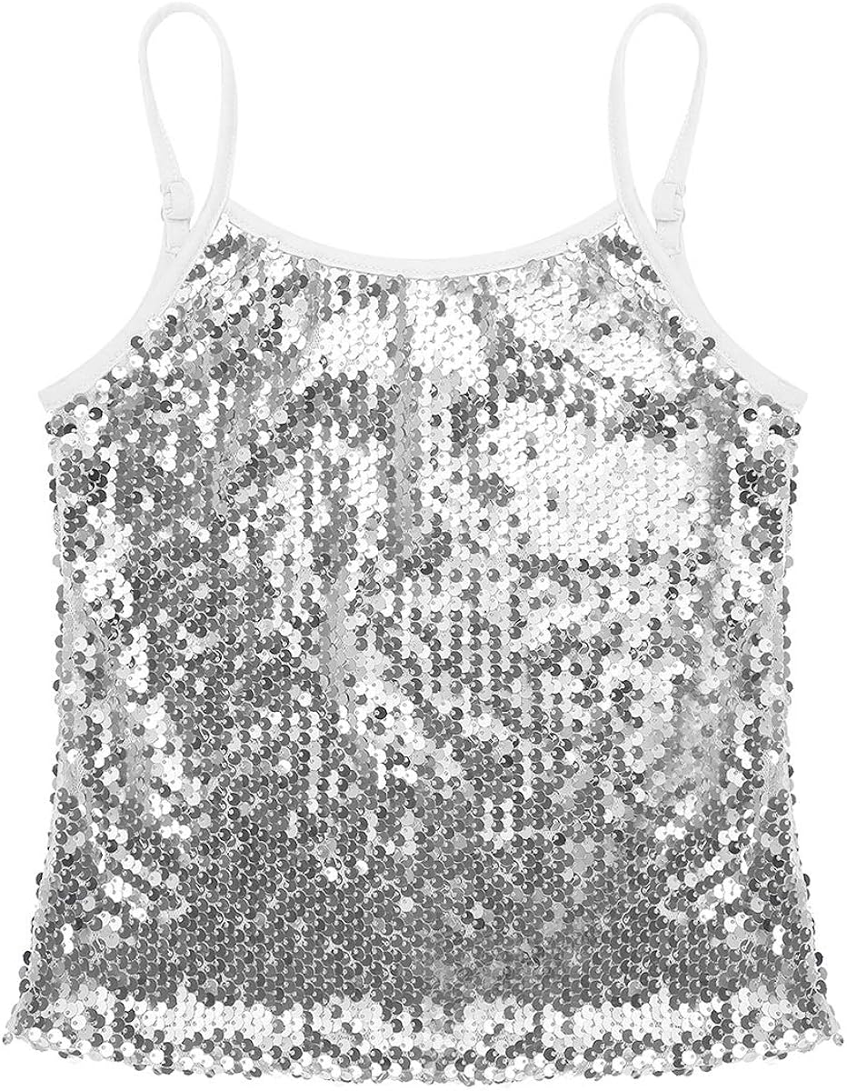 TiaoBug Girls Sparkle Sequins Dance Crop Top Sleeveless Round Neck Camisole Tank Tops Cheer Jazz Performance Vest Shirt : Sports & Outdoors