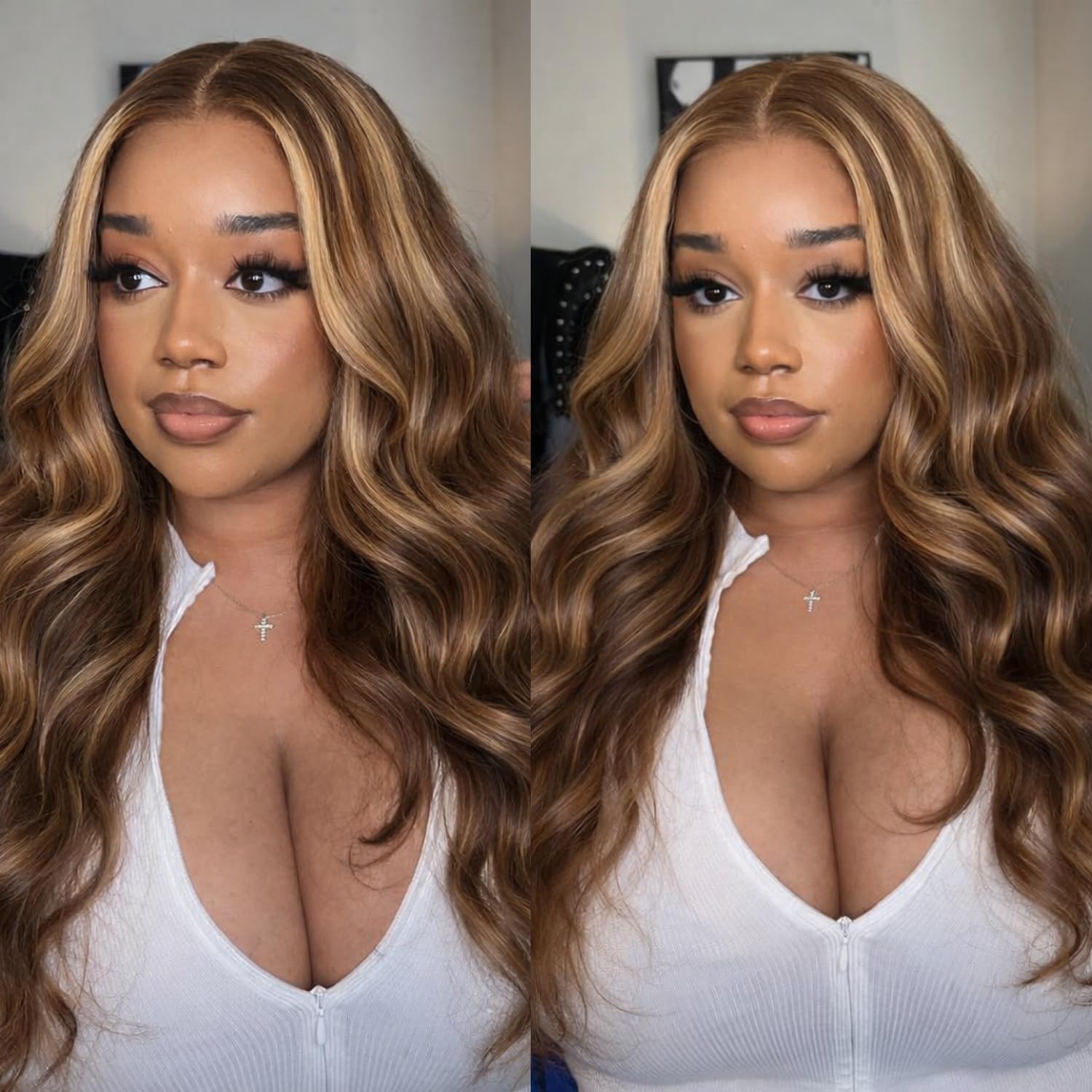 Honey Blonde Highlight Lace Front Wig Human Hair 180% Density Body Wave Wigs for Women 4/27 Ombre Highlight Glueless Wigs Pre Cut Lace Pre Bleached Pre Plucked Drawstring Wigs 22 Inch
