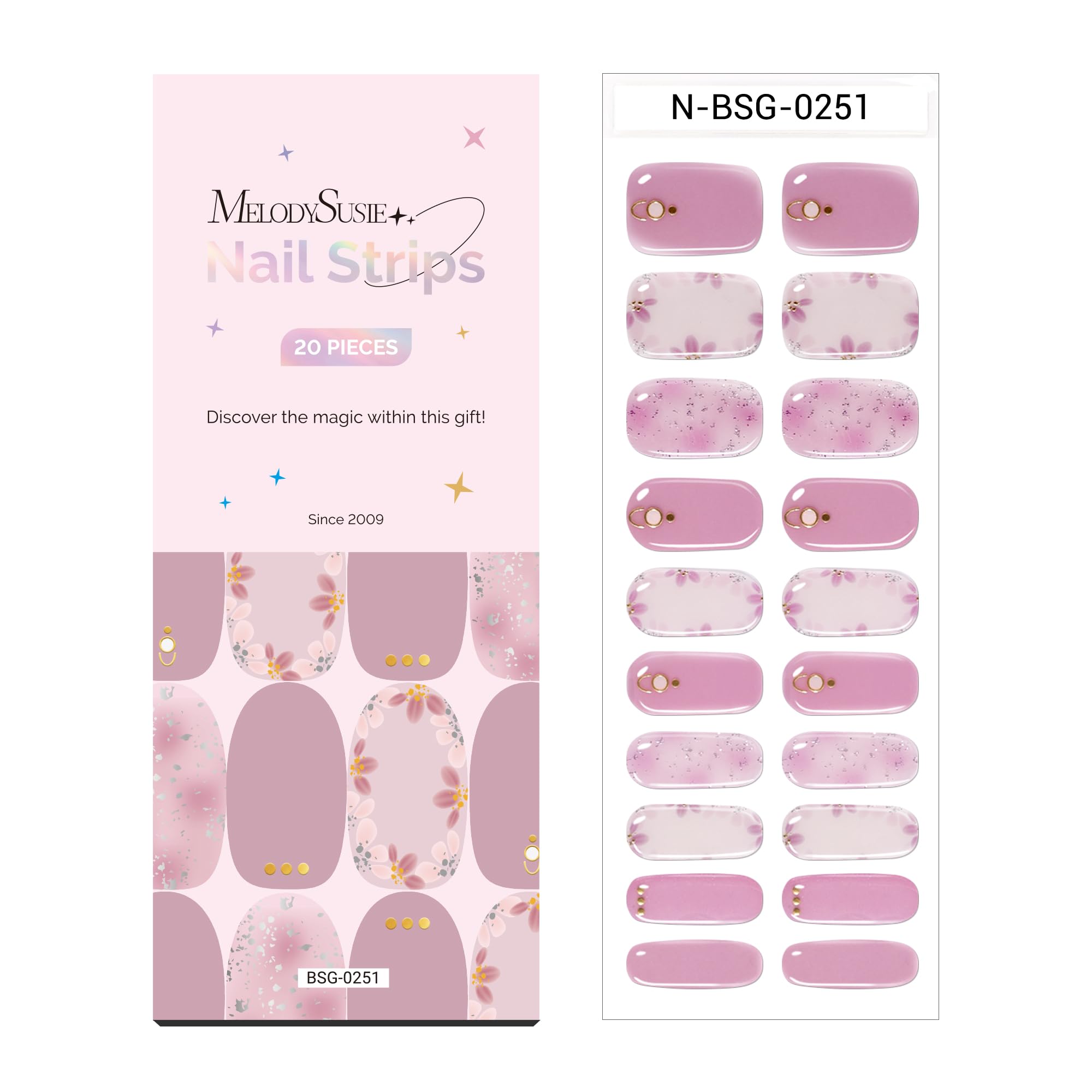 MelodySusie Semi Cured Gel Nail Strips (Pink Petals)-20 PCS Spring Gel Nail Stickers, Flowers Gel Nail Wraps - UV Light Required, Durable & Salon Quality