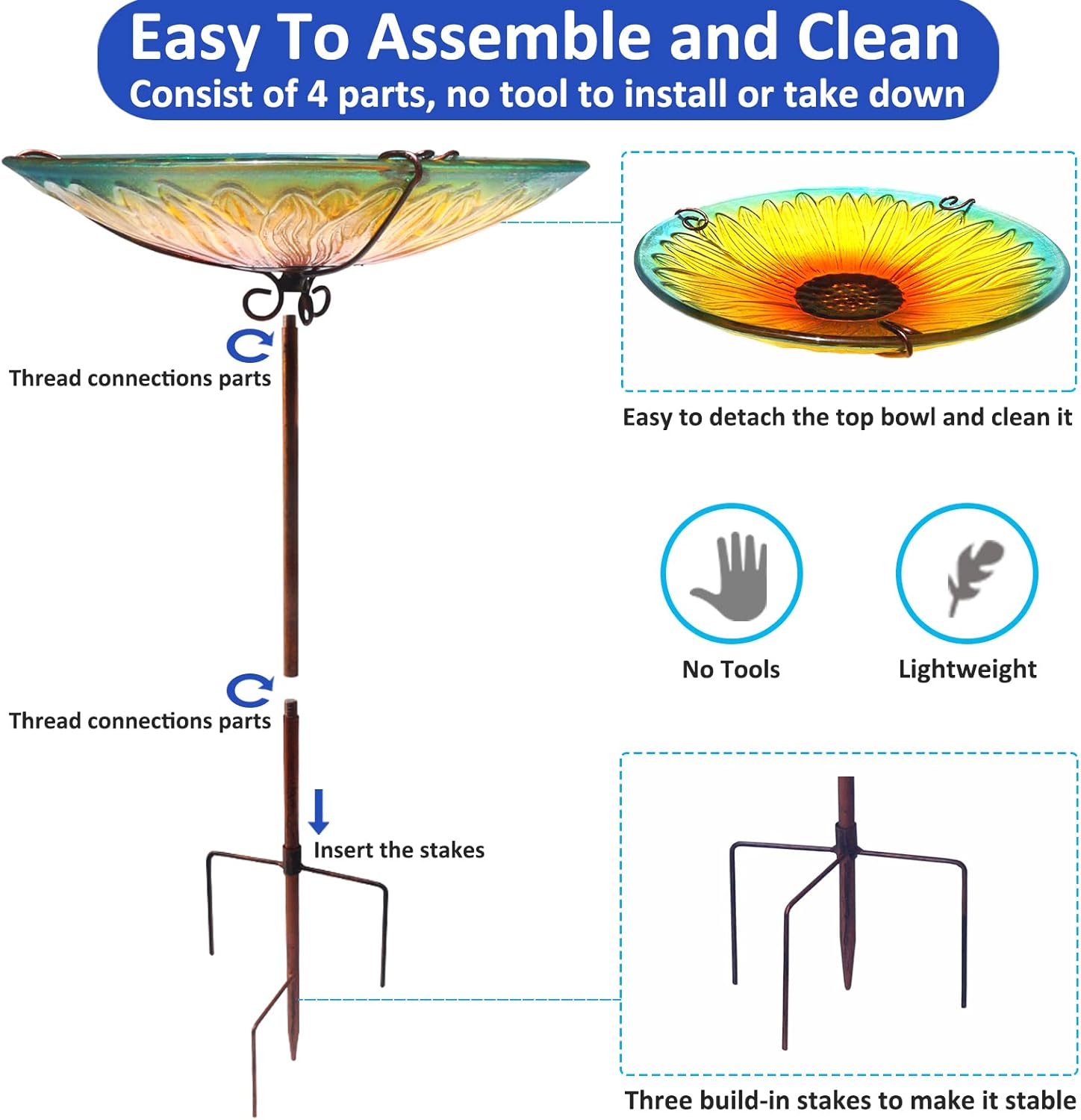 Bird Bath, Sunflower Bird Bath for Outside, Glass Bird Baths Bowl Detachable, Bird Feeders Bowl with Metal Stake, Standing Birdbath for Outdoors Garden-Sunflower Yellow