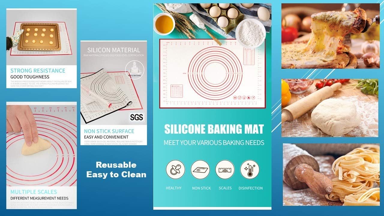 Non-Stick Silicone Baking Mat with Measurements, Food Grade Silicone Pastry Mat for Kneading/Baking/Rolling Dough/Fondant, Heat-Resistance Placemat (23.6 x 15.7 Inch)