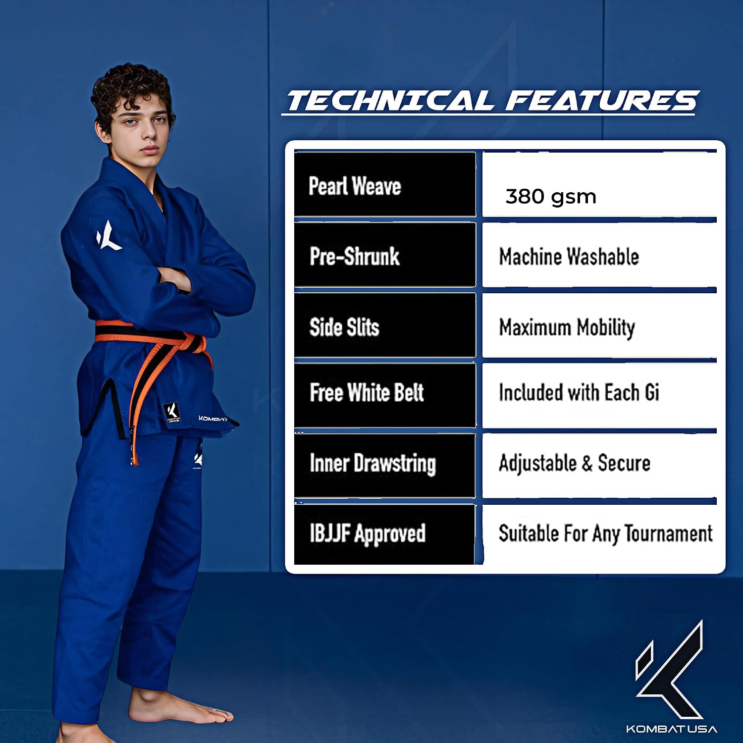 KOMBAT USA Light Edition IBJJF Approved BJJ Gi for Kids, Ultra-Light Brazilian Jiu Jitsu kids gi Premium 100% Cotton Uniform