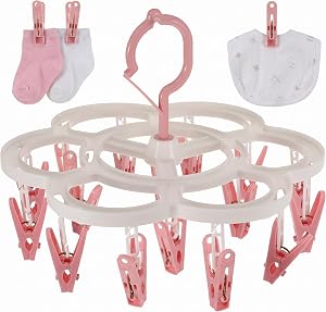 VALICLUD 16-Clip Pink Windproof Sock Drying Rack with 360 Rotation Portable Household Clothes Hanger for Underwear Bras and Socks 10.31X10.31X8.66In