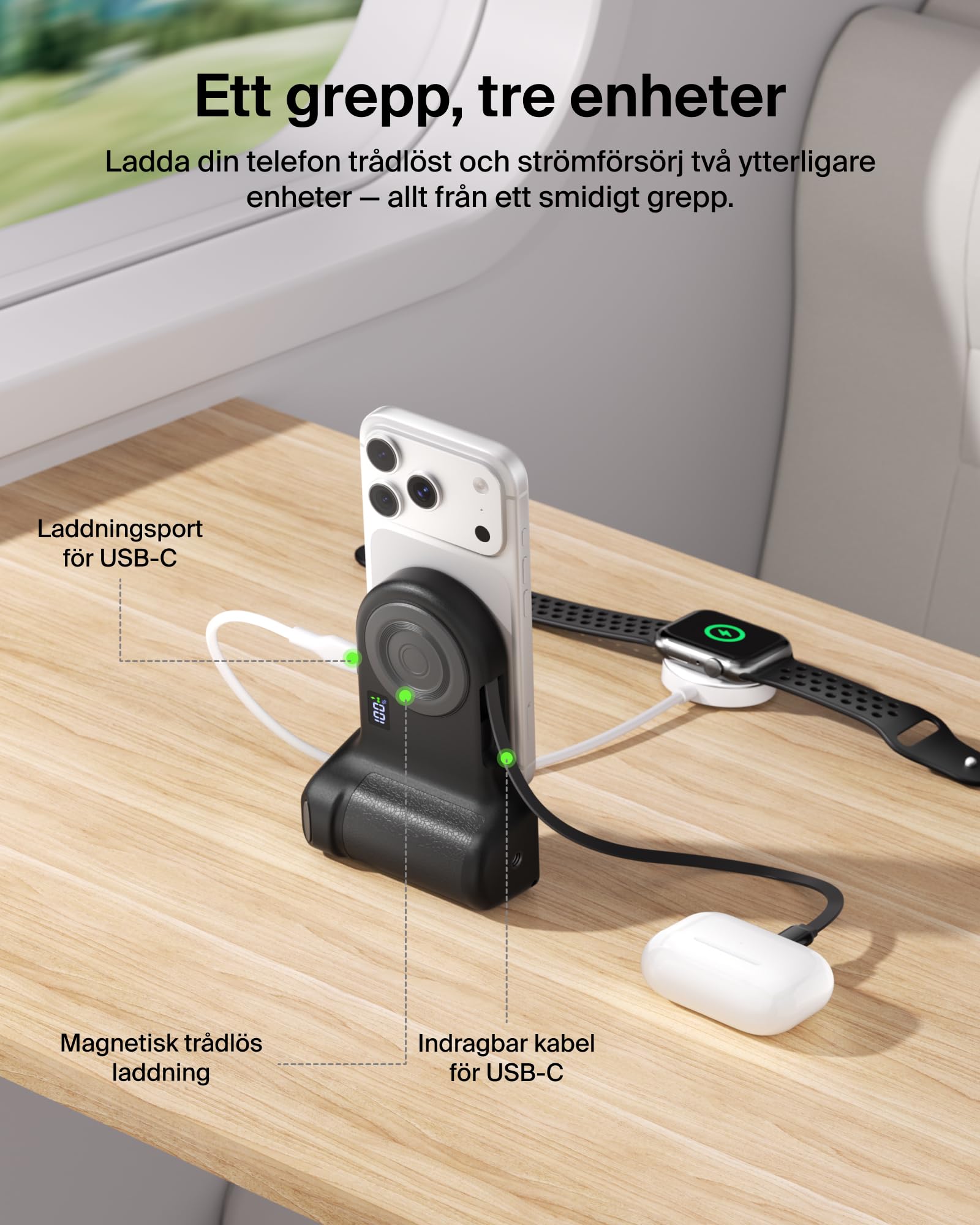 Belkin Stage PowerGrip Magnetyczny Uchwyt do Aparatu, 9300 mAh – Czarny | Powerbank Bezprzewodowy 9300 mAh, 15 W, Port USB-C, Kabel w Zestawie, Przycisk Migawki Bluetooth, Podstawka, Naładowany
