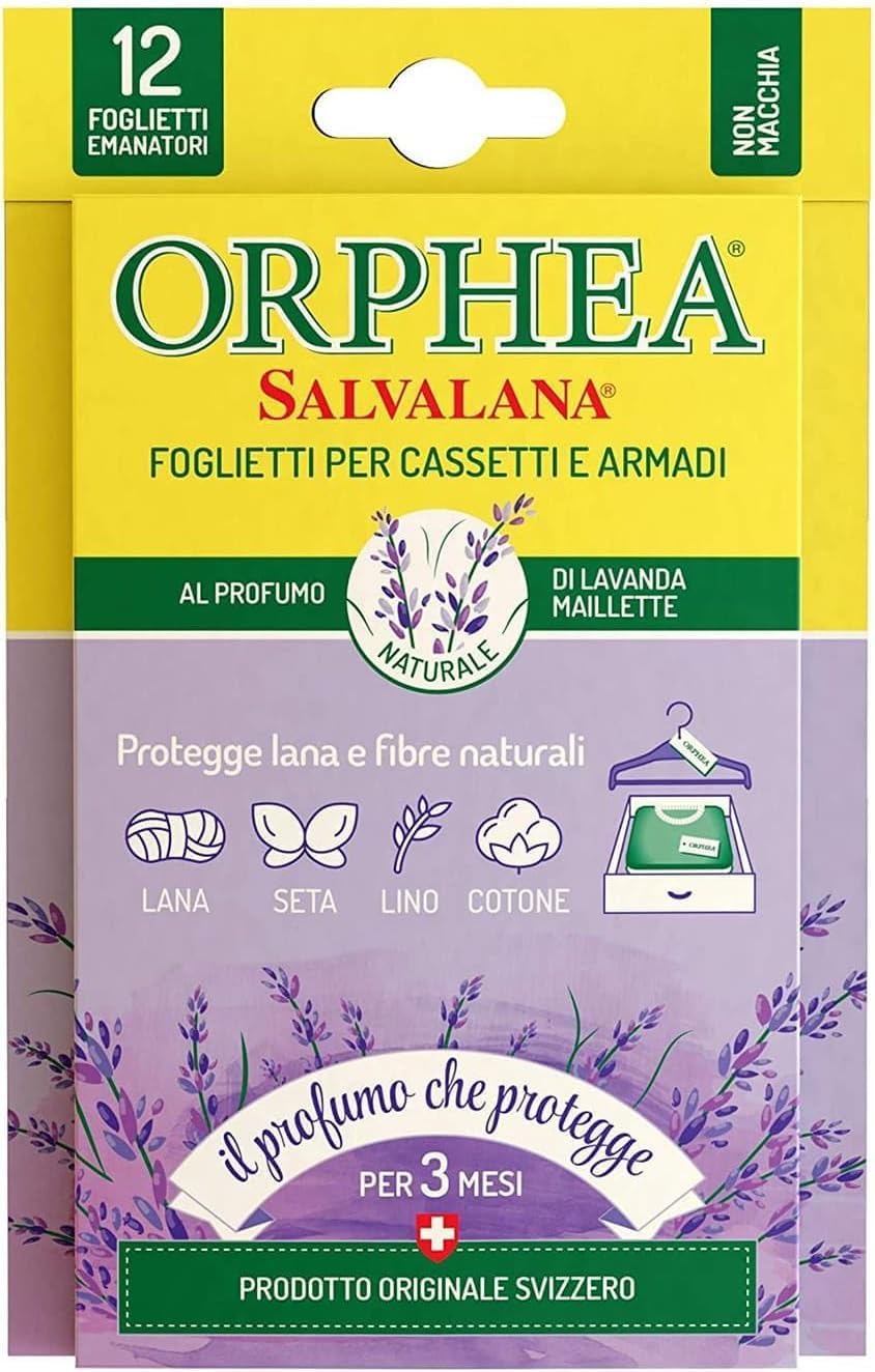 Orphea Salvalana, Foglietti per Cassetti e Armadi, Protegge Lana e Vestiti Tutta la Stagione, Profumo di Lavanda, 12 Foglietti Emanatori