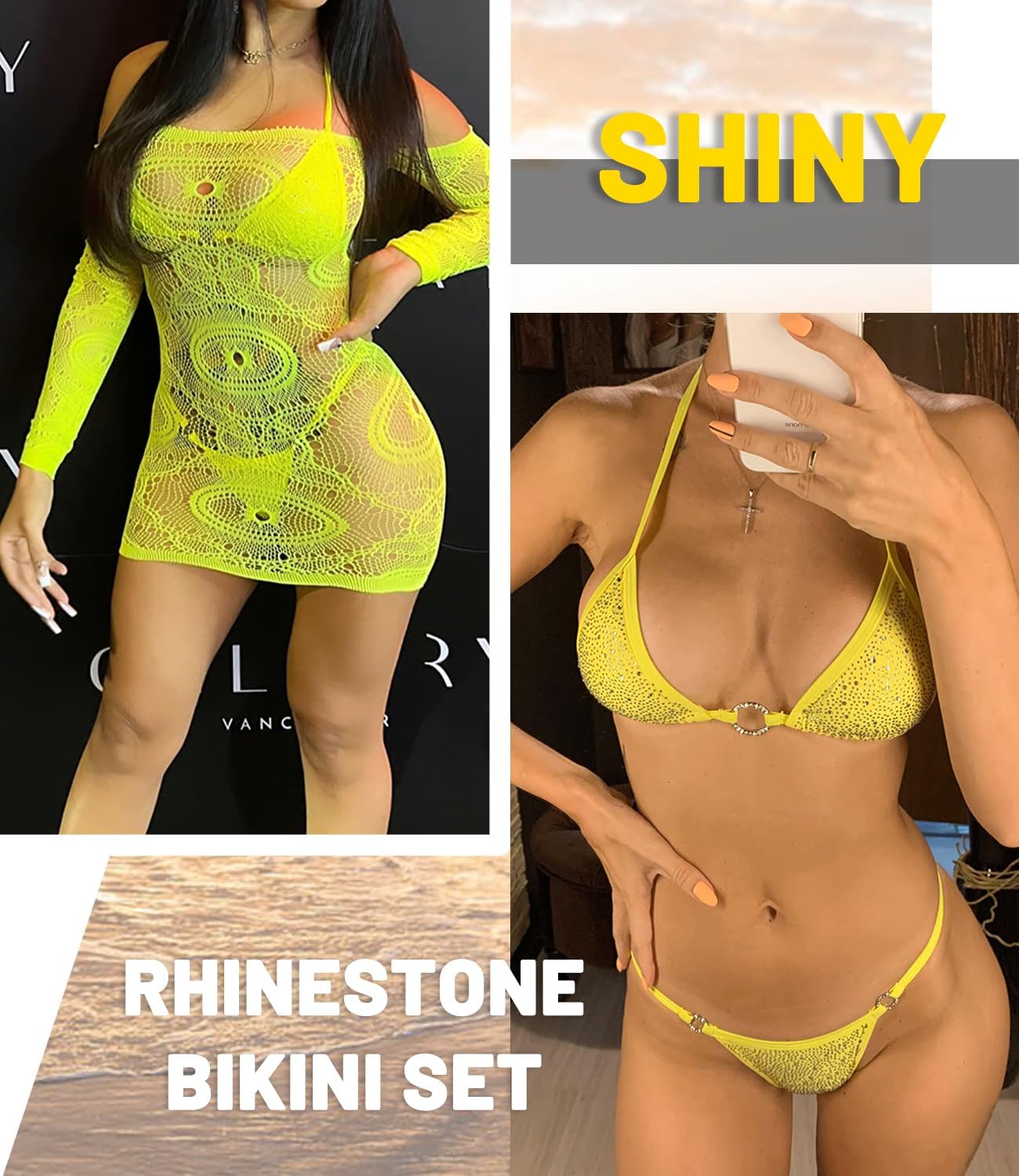 Women's Sparkly Rhinestone Halter Triangle O Ring Top String Thong High Cut Bottom 2 Pieces Bikini Swimsuit Set - Image 5