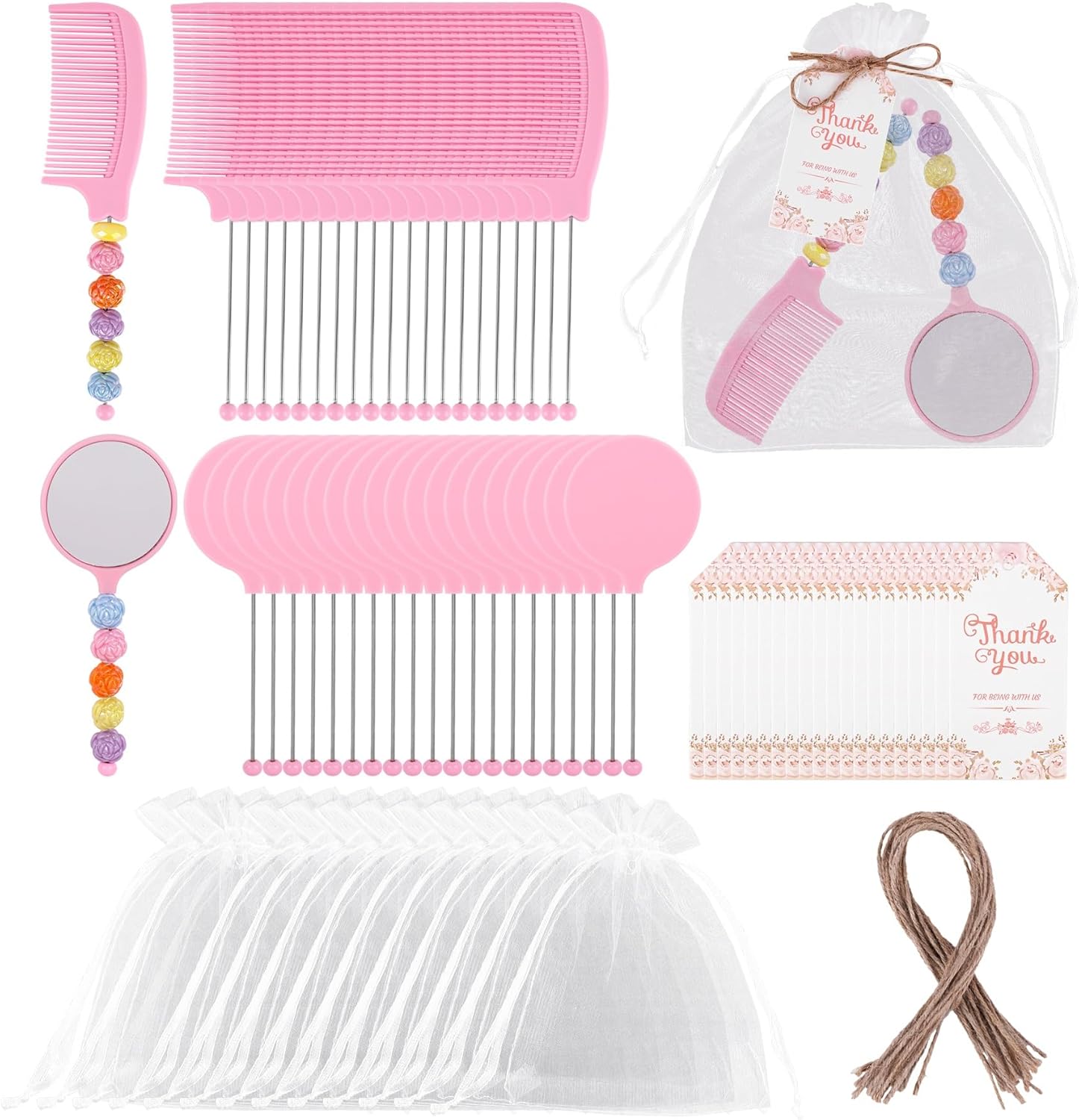 20 Set Beadable Handheld Mirrors Combs Bulk Party Favors with Thank You Tag Organza Bag and Jute Twine for Wedding Bridal Shower