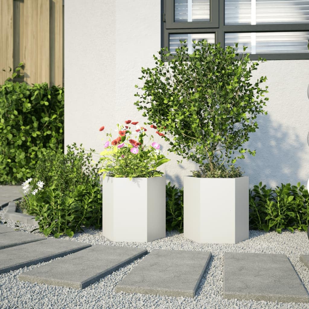 Jardineras de jardín de 2 piezas hexagonales de acero blanco 46 x 40 x 45 cm, jardineras elevadas sin fondo para plantas, huerto y hierbas aromáticas, diseño abierto para drenaje y crecimiento