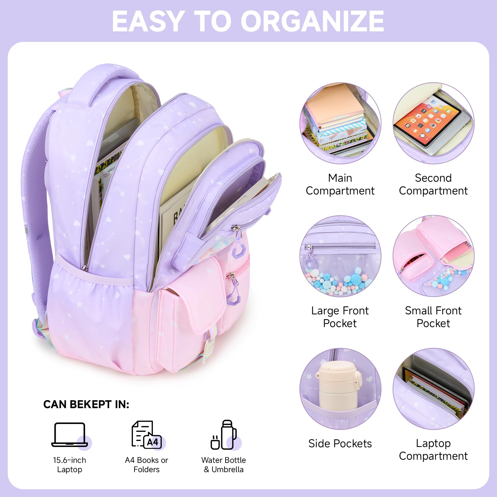 Amythe Mochila para Niñas, Mochila Escolar Niña Ergonómica con Rayas Reflexivas, Mochila Primaria Infantil de Ocio con Lindo pompón para Escuela y Viajes, 20L, Rosa-Violeta