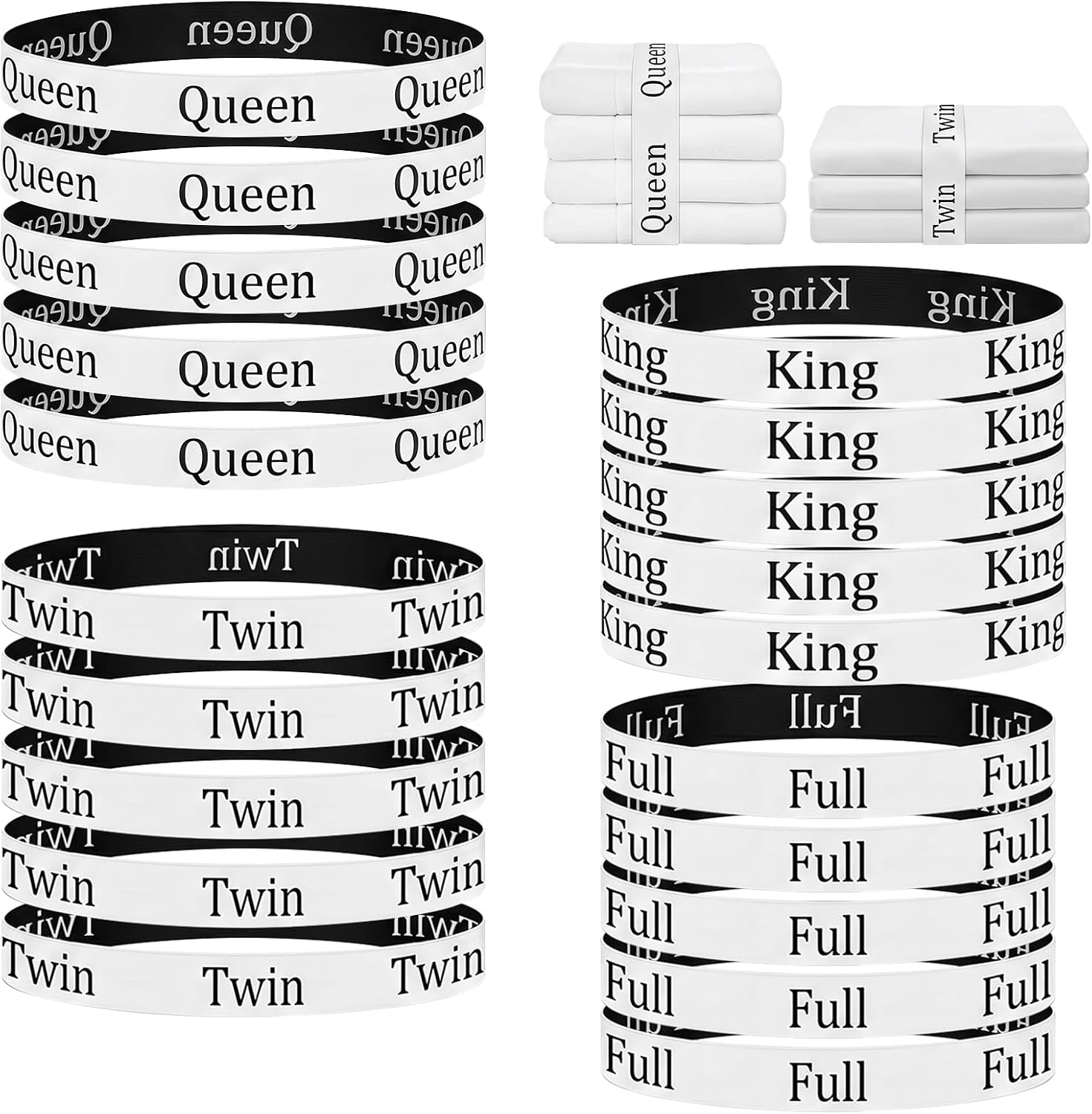 20 Pack Bed Sheet Organizer Bands, Elastic Bedding Storage Straps with Full King Queen Twin Labels, Linen Closet Organizers for Sheets, Blankets & Clothing Storage