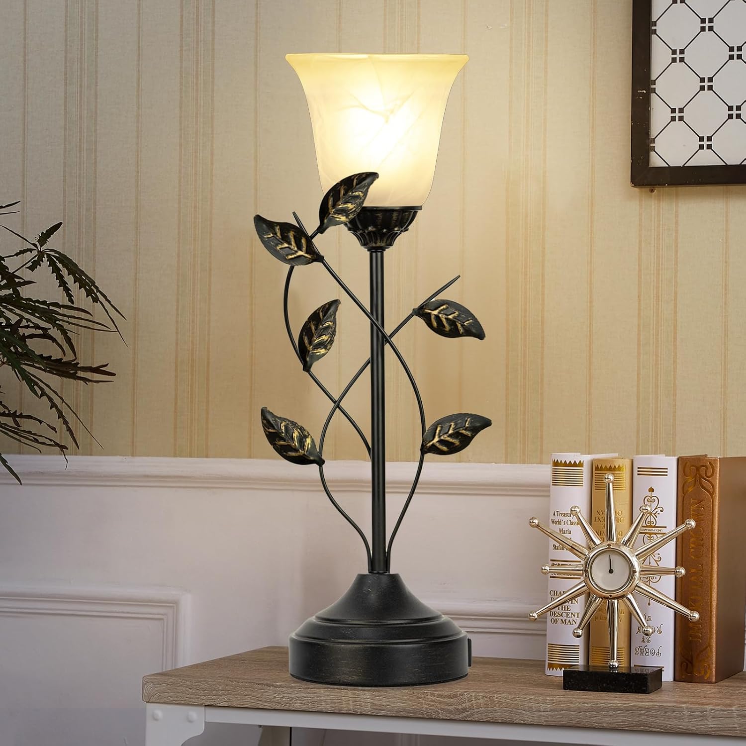 20 Inch Table Lamp for Bedroom with White Glass Shade, Retro Leaf Design Bedside Lamps Set of 2, 3-Way Dimmable Touch Control Lamps for Night Stands with USB C+A Charging Ports for Bedroom Living Room