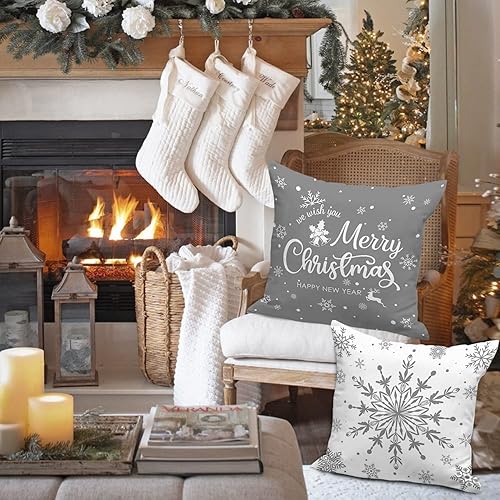 Miniatura 4 de Lanpn Juego de 4 fundas de almohada de Navidad blancas y grises de 18 x 18 pulgadas, fundas decorativas de 18 pulgadas con copos de nieve de