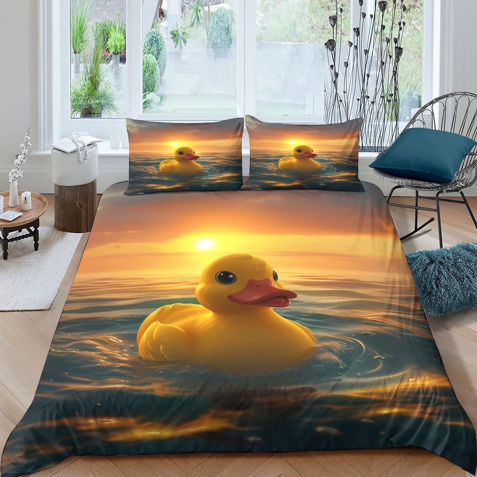 Ctjqhvkz Style-10 3D Printed Sunset Rubber Duck Fitted Sheet Microfiber Soft Decorative Water Scene Bed Cover For Bedroom Guest Room Single（135X200cm）