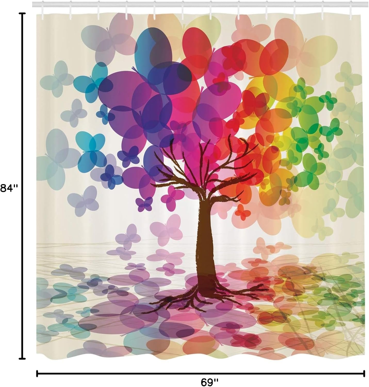 Ambesonne Abstract Shower Curtain, Colorful Blooming Spring Season Tree with Butterflies Pastoral Nature Illustration, Cloth Fabric Bathroom Decor Set with Hooks, 69" W x 84" L, Ivory Multicolor