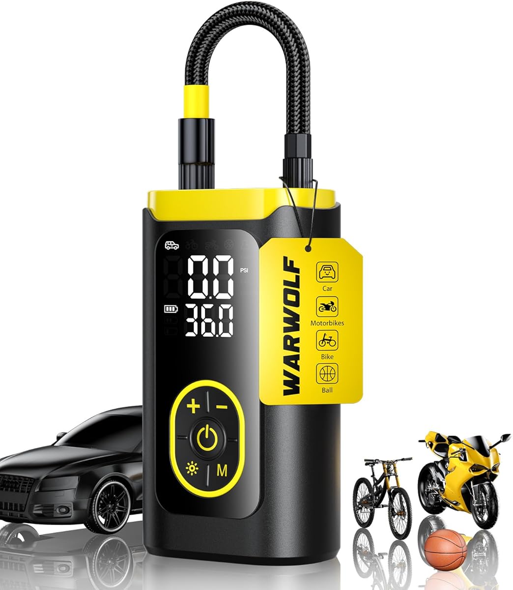 WarWolf 150PSI Tyre Inflator Portable Air Compressor - 3X Fast Air Pump with Auto Shut-Off,Digital Gauge,LED Light,Cordless Electric Tyre Pump for Cars,Motorcycle, Bike and Ball
