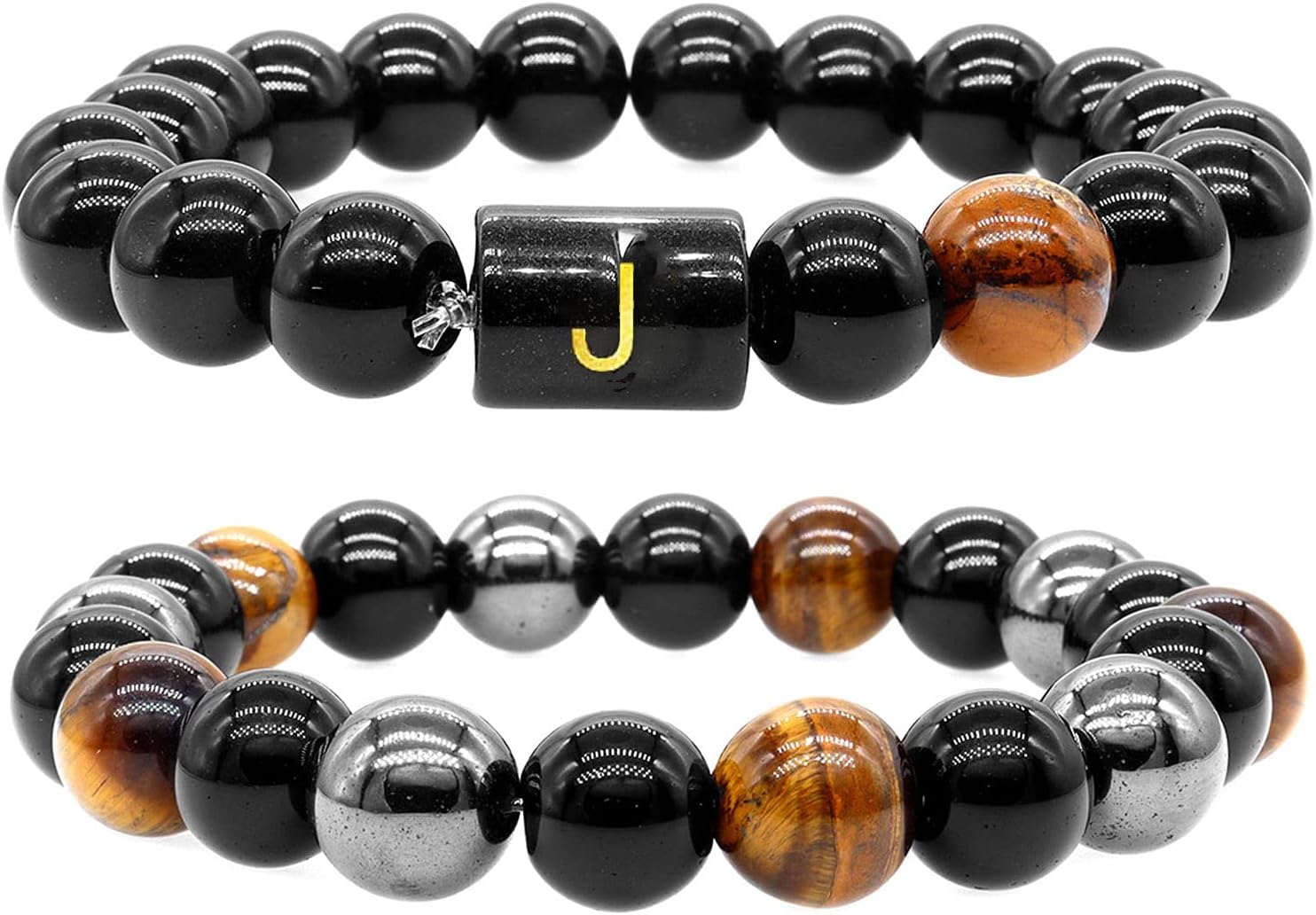 Initial Letter Black Obsidian Beaded Bracelets for Men, Mens Triple Protection Bracelet,10mm Natural Black Onyx Tiger Eye Stone Beads Bracelets