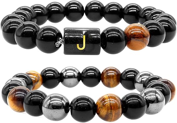 Initial Letter Black Obsidian Beaded Bracelets for Men, Mens Triple Protection Bracelet,10mm Natural Black Onyx Tiger Eye Stone Beads Bracelets