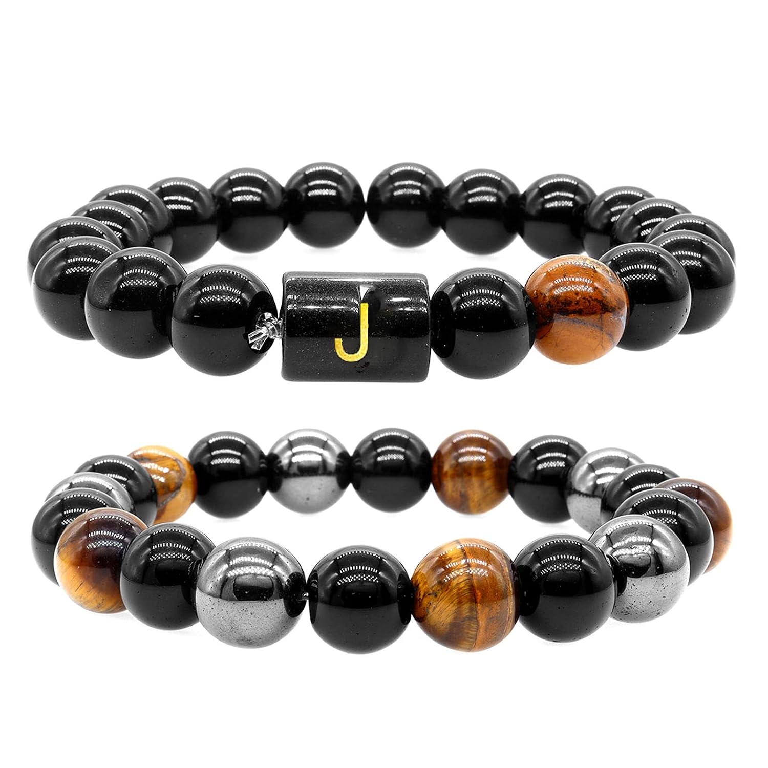 Initial Letter Black Obsidian Beaded Bracelets for Men, Mens Triple Protection Bracelet,10mm Natural Black Onyx Tiger Eye Stone Beads Bracelets