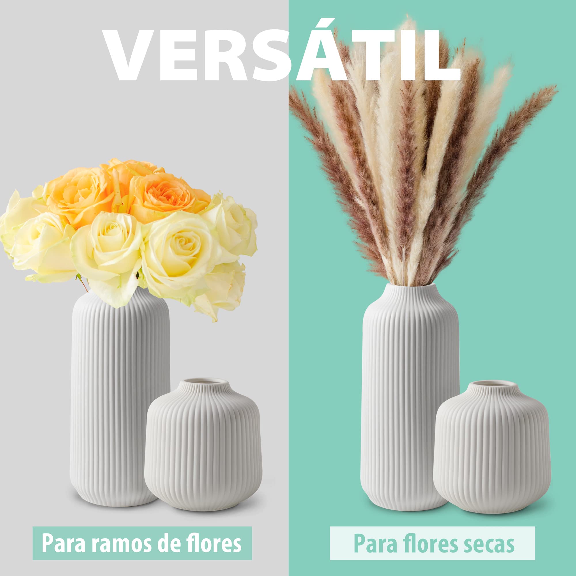 flature Jarrones de Cerámica en Estilo Nórdico, Jarrón Deco para Hierba de la Pampa como Deco Boho, Jarrón Blanco Mate, Decoración Escandinava para el Hogar para Flores Frescas y Secas (Set de 2)