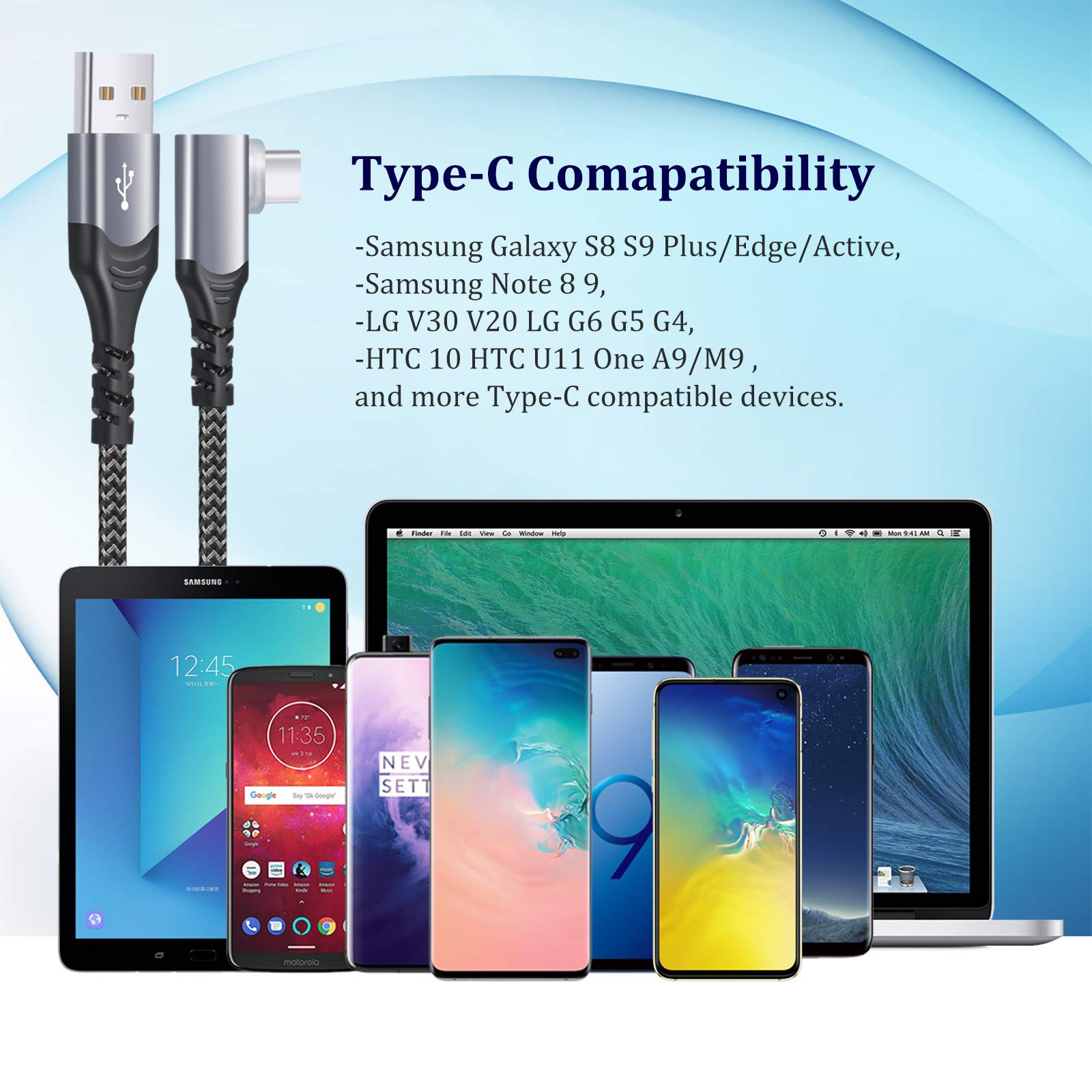 [Paquete de 6] Cable USB tipo C en ángulo recto, [6.6t] 90 grados C cable de carga rápida trenzado para iPhone 16/15, Galaxy S24/S23/A15/A03s/S10/S9/S8/Note, LG, Moto, Pixel, teléfonos Android