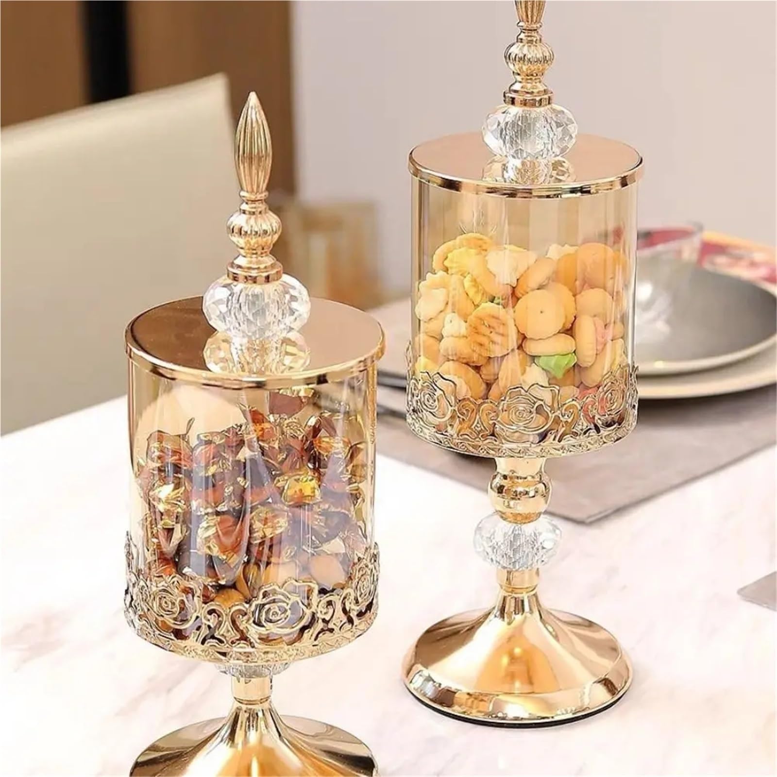 Tarro de almacenamiento cristal lujo con tapa, tarro caramelo rosa, chapado en oro, adornos decorativos, arte, decoración del hogar para Caramelos