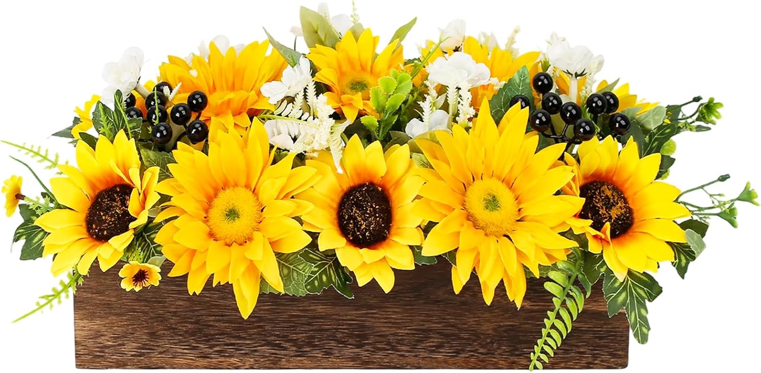Sunflower Arrangement Centerpiece Table Decorations,Sunflowers Daisy and Berry Green Leaf Floral Artificial Flowers with Wood Tray for Dining Table Coffee Table Farmhouse Room Mantel Décor