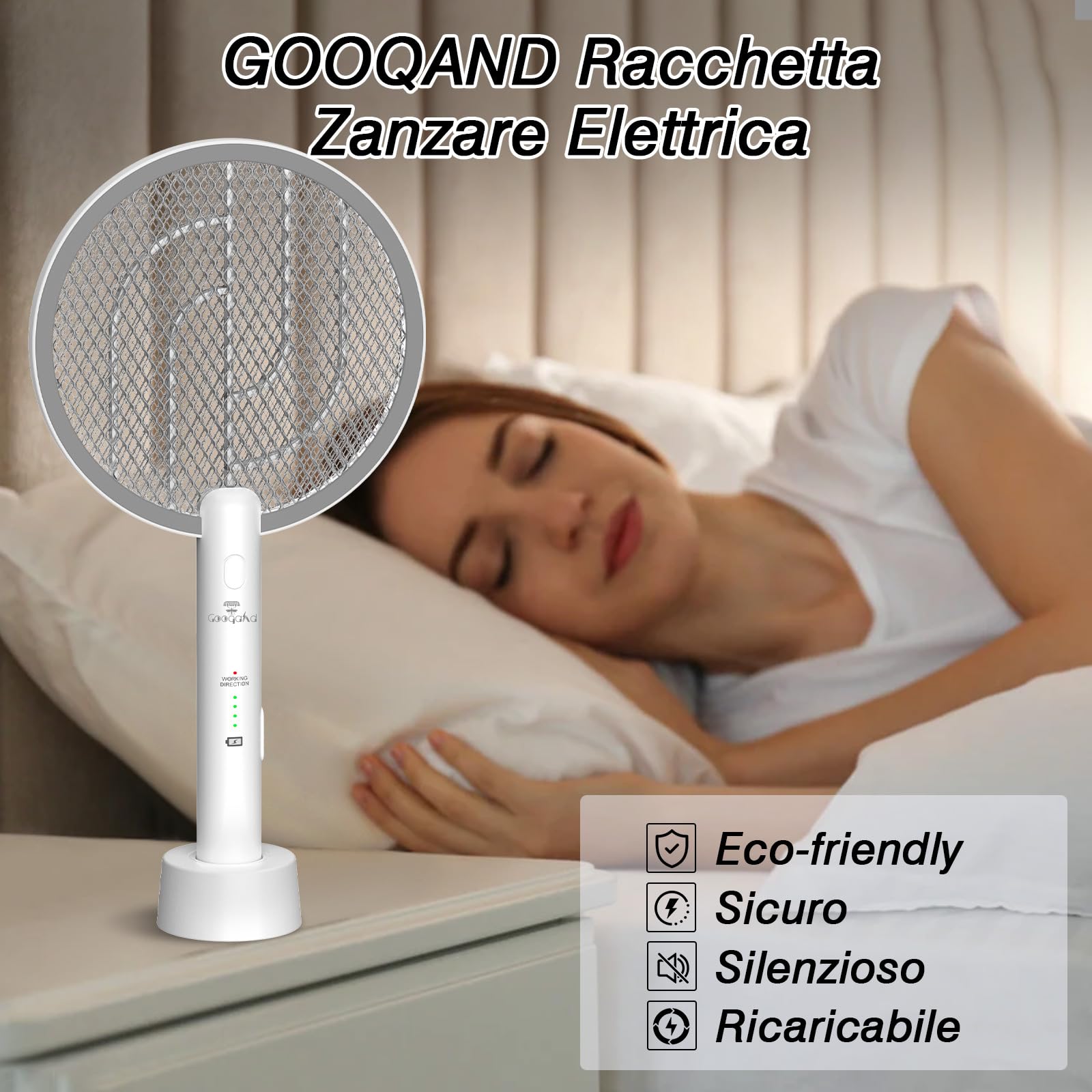 2 Pezzi LED Racchetta Zanzare Elettrica, 4000 Ricaricabile 2-In-1 Racchetta Zanzare Elettrico con USB, Protezione Maglia a 3 Strati, Adatto per Campeggio Interni ed Esterni Bianco