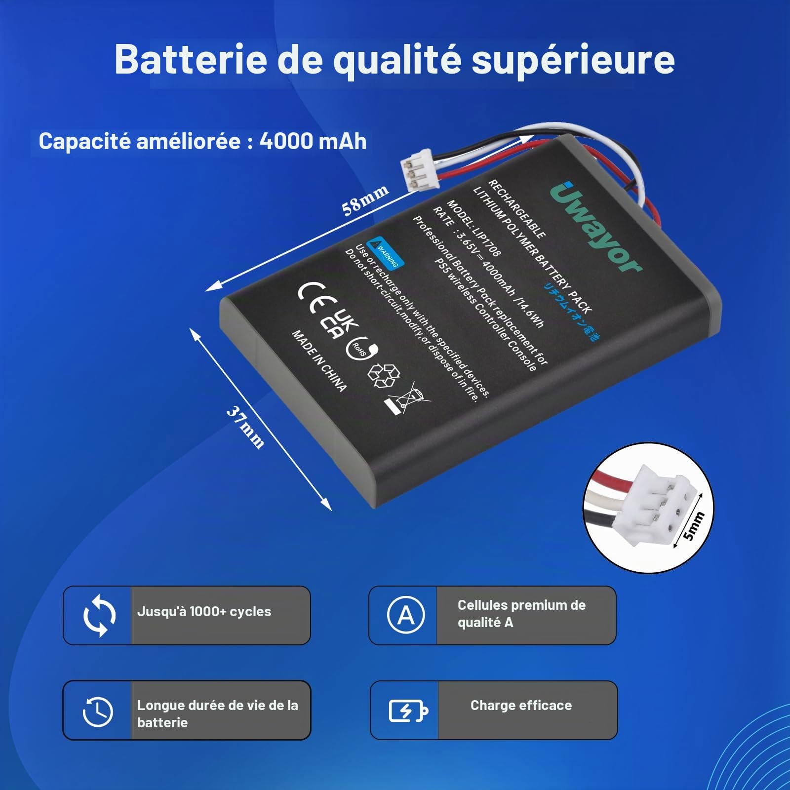 Lot de 2 Batteries de Rechange 4000 mAh pour Manette PS5, LIP1708, pour Sony PlayStation 5 DualSense CFI-ZCT1W