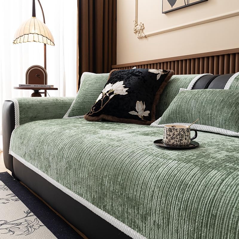 Plaid canapé chenille vert 70x210 cm idéal pour salon avec chiens